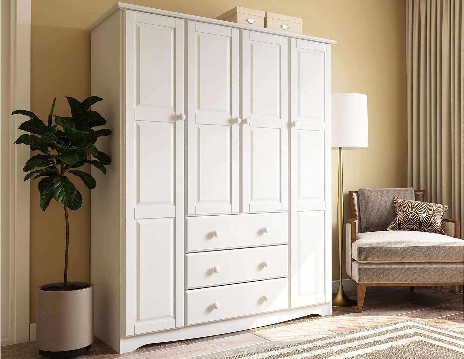 Palace Imports 100% Solid Wood Family Wardrobe Closet Armoire w/Clothing Rods, White, 60.25 w x 72 h x 20.75 d. Renewable Eco-Friendly Wood, Made in Brazil