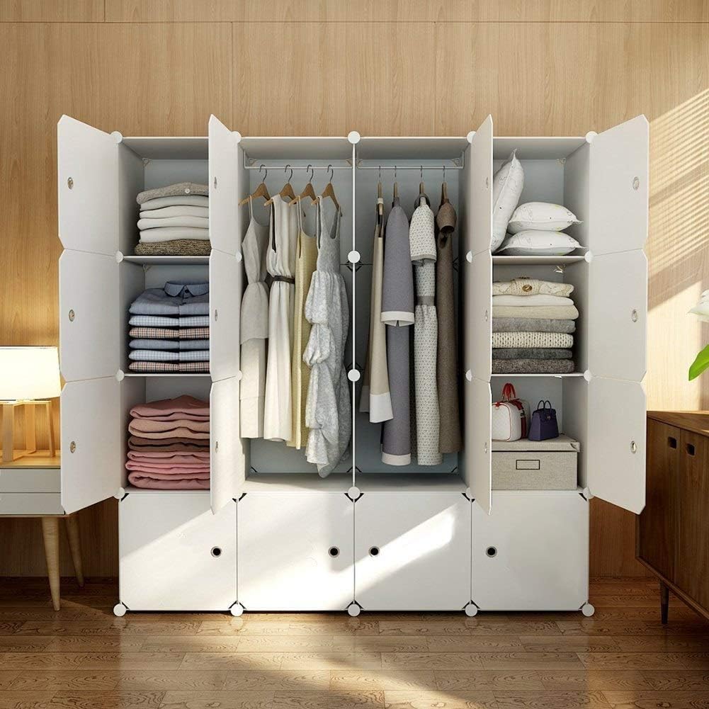 Portable Wardrobe Closets 14x18 Depth Bedroom Armoire, Clothes Storage Organizer with Doors, 16 Cubes, White