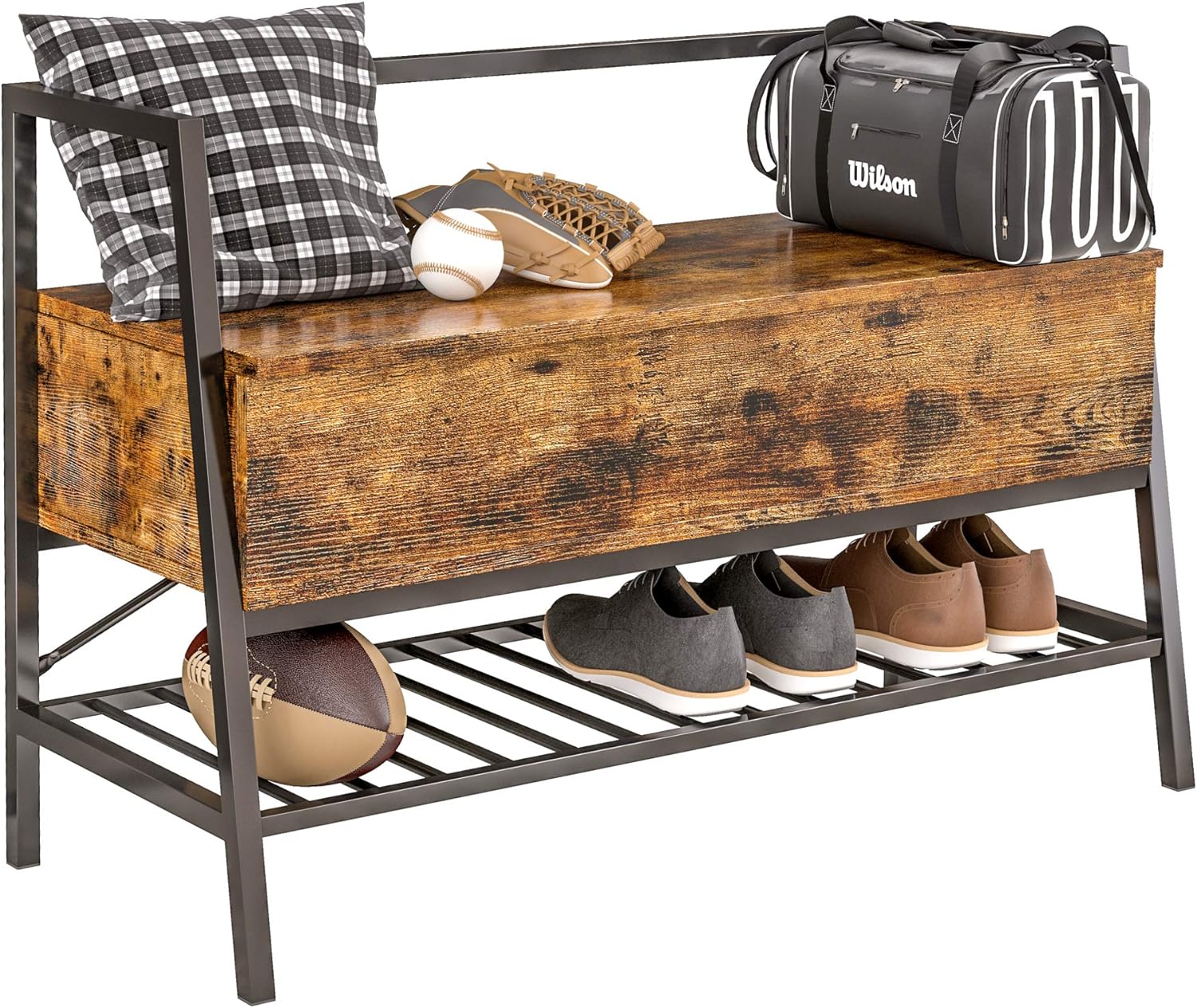 IRONCK Storage Bench, Industrial Shoe Rack Bench with Storage Box, Holds Up to 240 LB Shoe Organizer for Entryway, Bedroom, Closet & Hallway, Entryway Bathroom