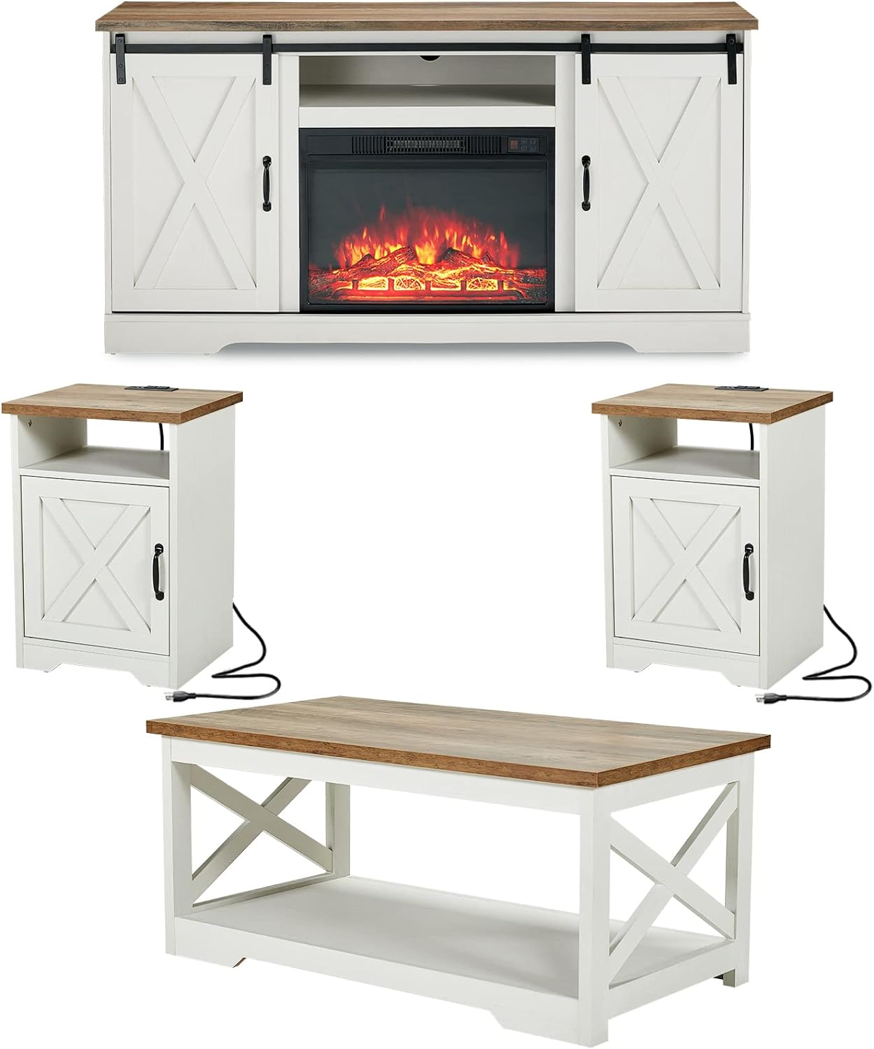 5-Piece Farmhouse Table Set Includes Fireplace TV Stand, Coffee Table& Two End Tables with Charging Station and USB Ports, for Living Room, Distressed White