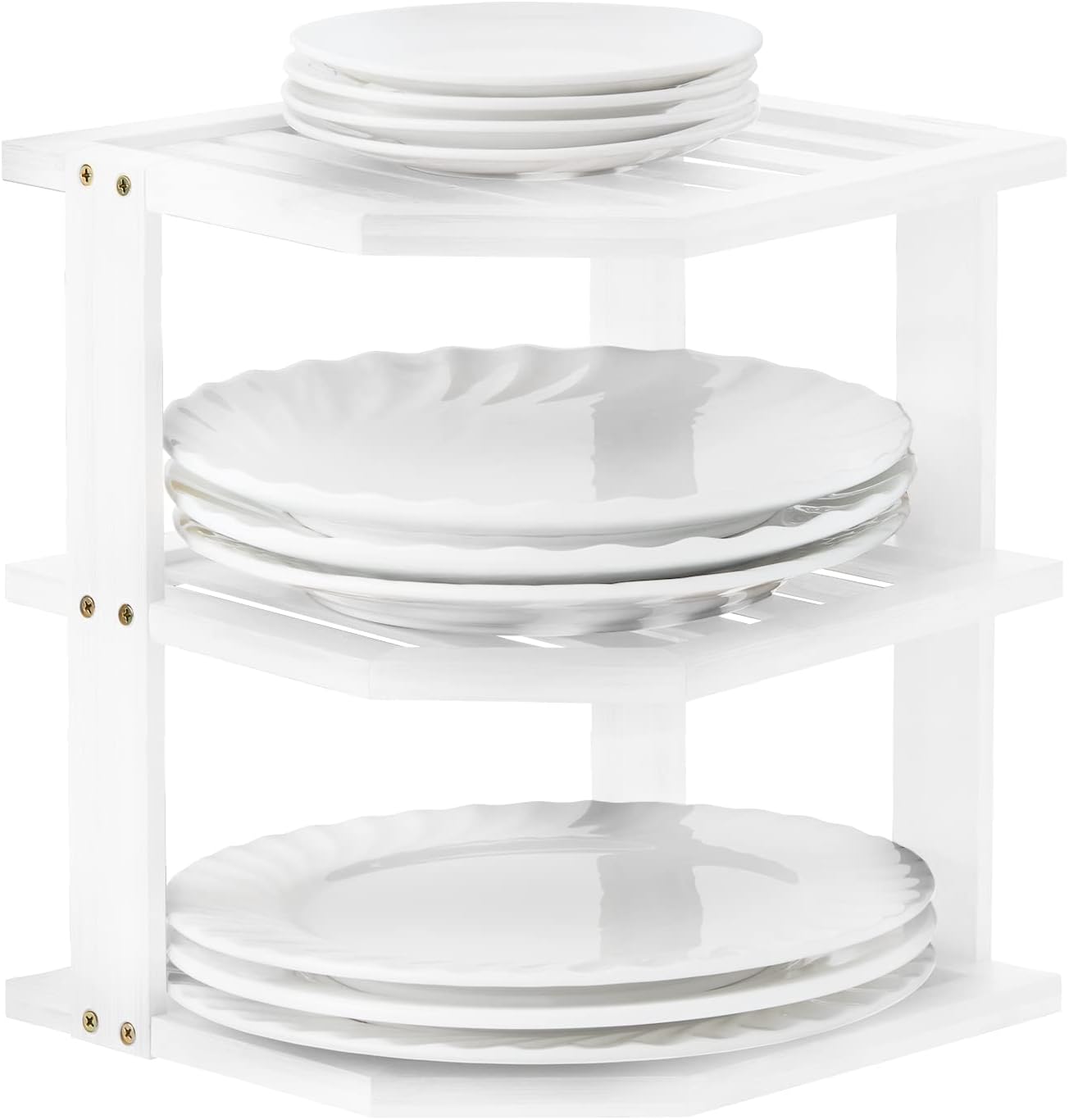 Apicizon Kitchen Corner Shelf, Plate Organizer for Cabinet, Bambo Corner Cabinet Shelf 3 Tier Kitchen Pantry Wall Mount Kitchen Storage Shelves Organizer, White