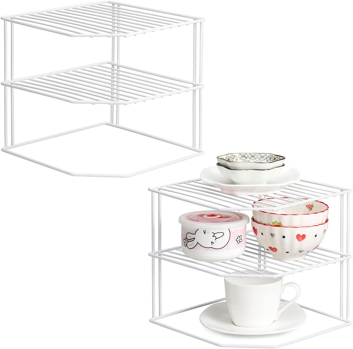 Kitchen Cupboard Organiser [2 Pack], 3 Tier White Corner Plate Rack for Kitchen Cupboard Storage - Cupboard Storage Shelf Organiser