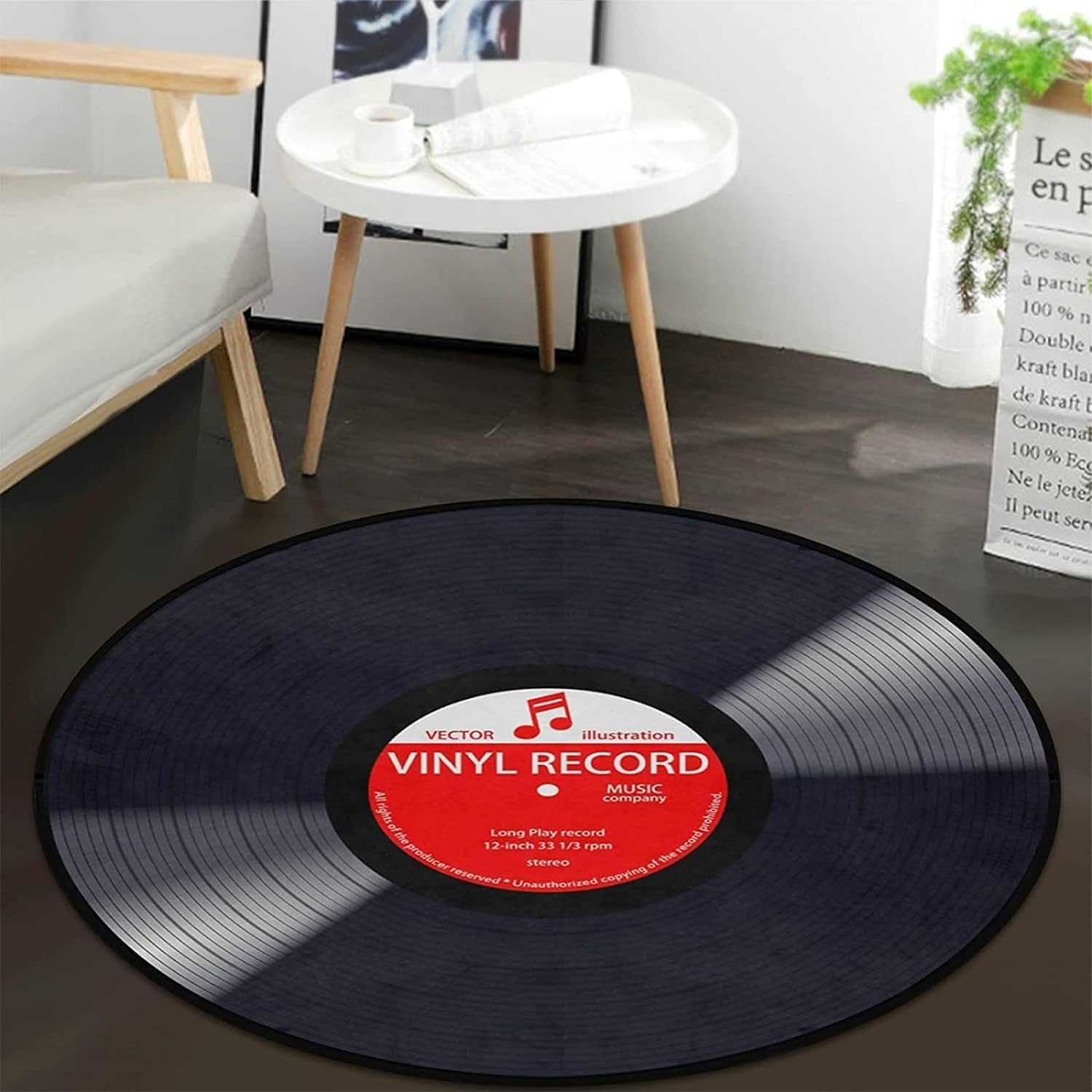 Music Record Black Round Area Rug for Bedroom Living Room Study Playing,Non-Slip Floor Mat Carpet Home Decor Rugs, 3' Diameter