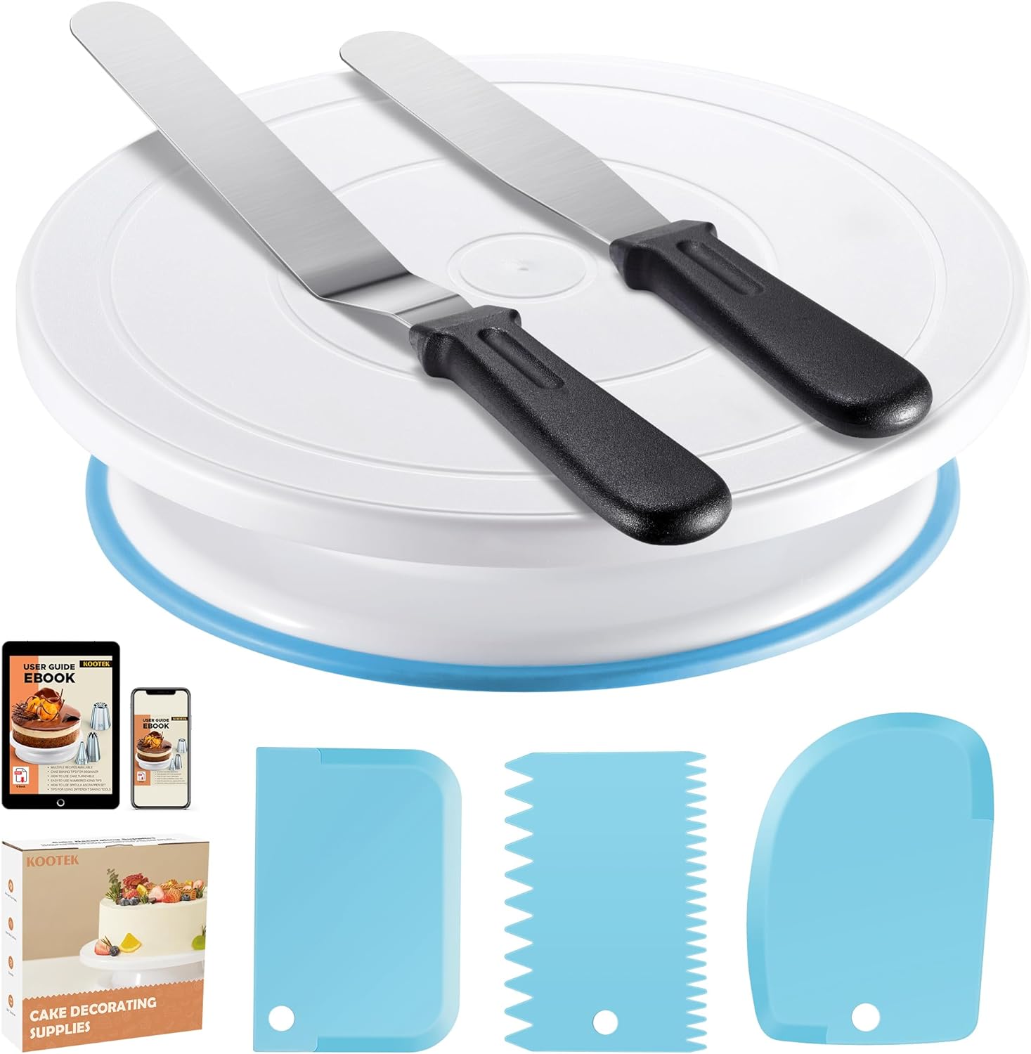 Kootek Cake Decorating Kit Baking Supplies Cake Turntable with 2 Frosting Straight Angled Spatula 3 Icing Smoother Scrapers Baking Accessories Tools for Beginners and Pros, Blue