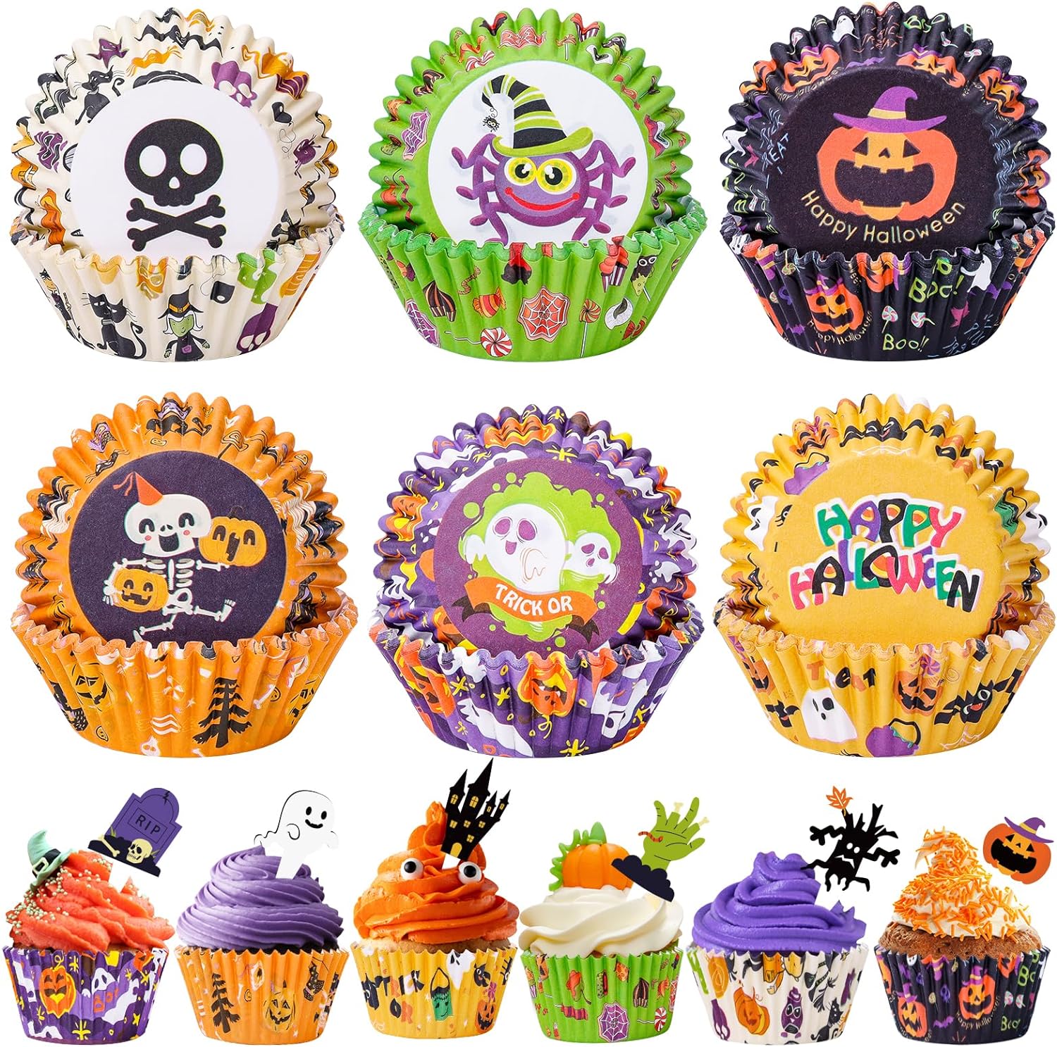 Halloween Cupcake Liners with Toppers Picks, Standard Wrappers Cupcake Disposable Baking Cups Muffin Liners for Halloween Party Decorations Supplies (150 Liners & 150 Toppers)