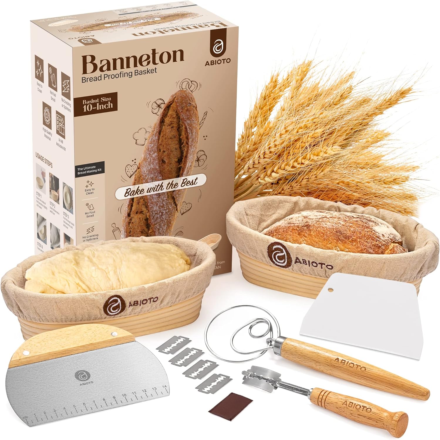 Sourdough Bread Proofing Baskets and Baking Supplies, A Complete Bread Making Kit Including Two 10 Oval Bannetons, Bread Lame, Danish Whisk, Bowl & Dough Scrapers, and Linen Liners