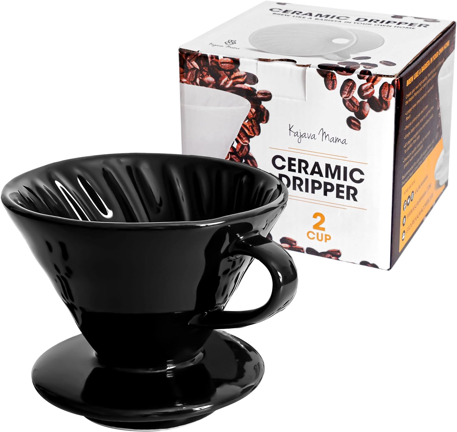 Pour Over Coffee Dripper - Ceramic Slow Brewing Accessories for Home, Cafe, Restaurants - Easy Manual Brew Maker Gift - Strong Flavor Brewer - V02 Paper Cone Filters - Black, 2 Cup