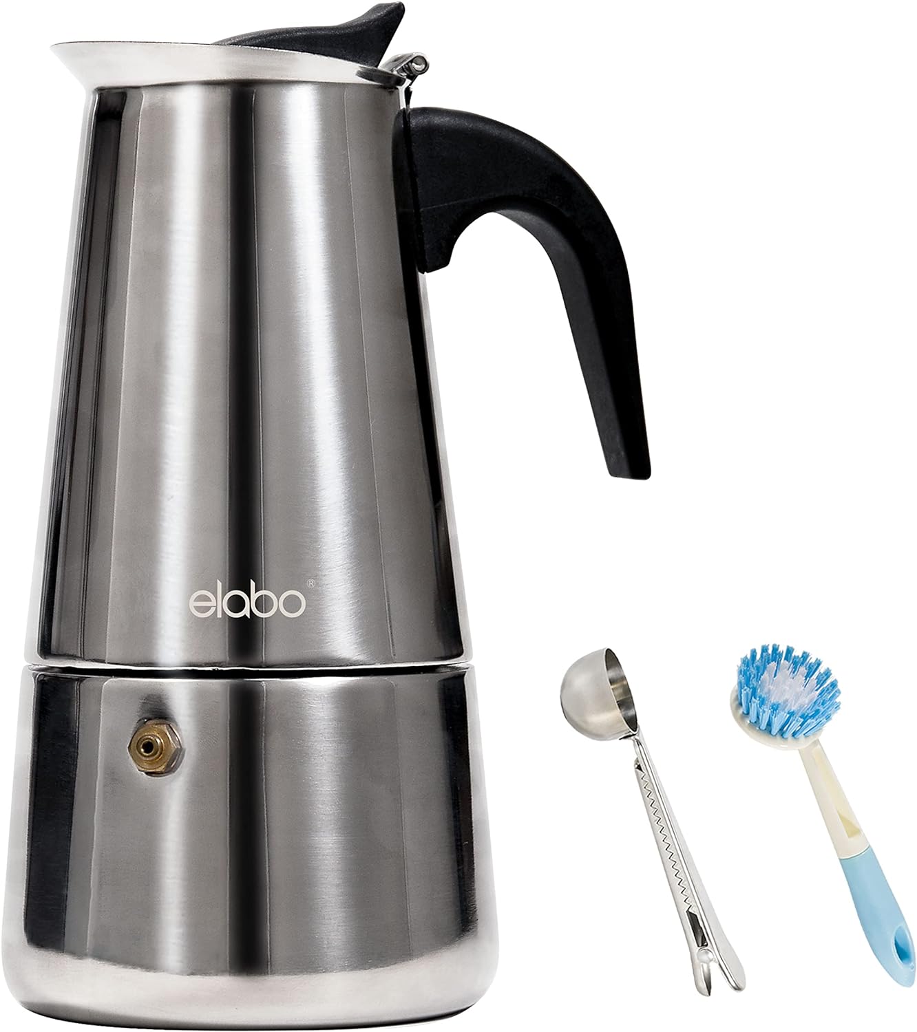 elabo Stovetop Espreeso Machine and Moka Pot for Gas or Electric Ceramic Stovetop, Italian Espresso Coffee Shot Maker for Italian Espresso, Cappuccino and Latte, Stainless Steel 304, 6 Cups