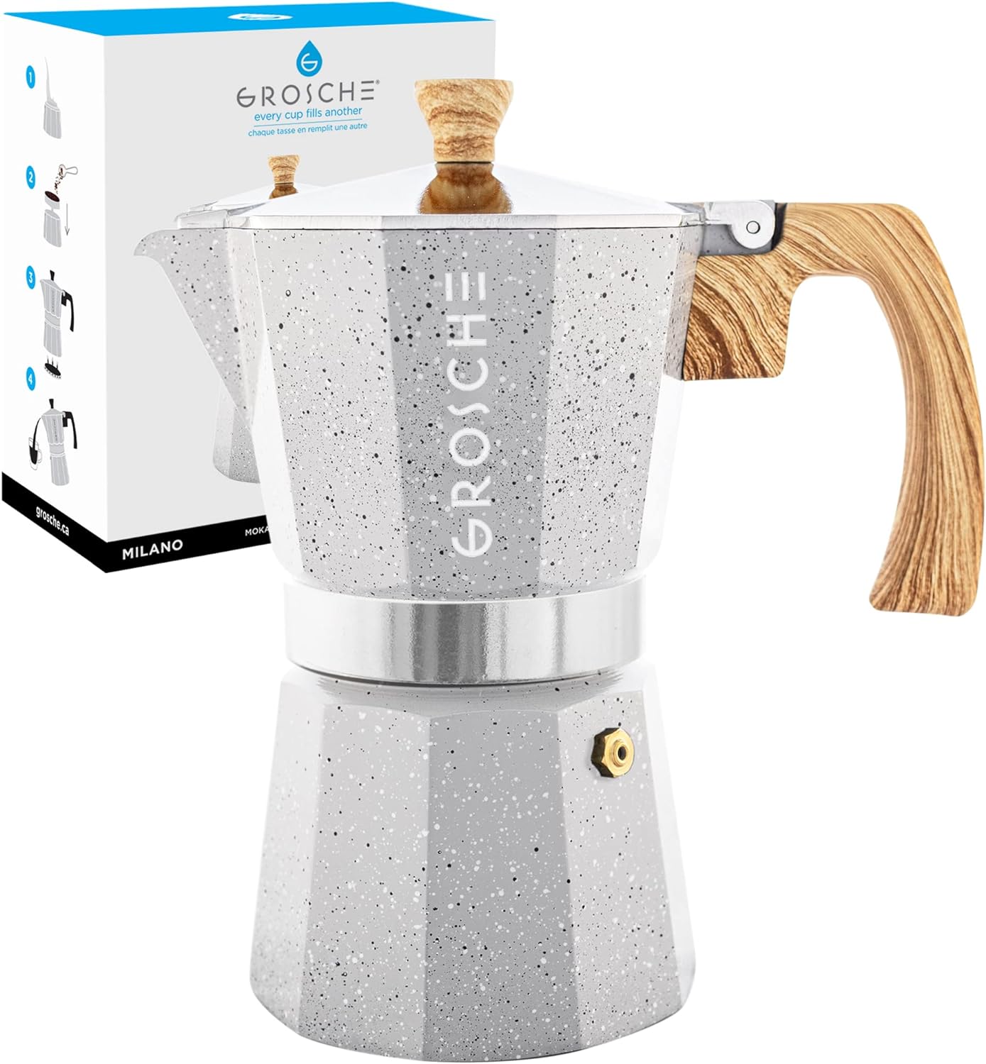 GROSCHE Milano Moka pot, Stovetop Espresso maker, Greca Coffee Maker, Stovetop coffee maker and espresso maker percolator (Grey, 9 cup)