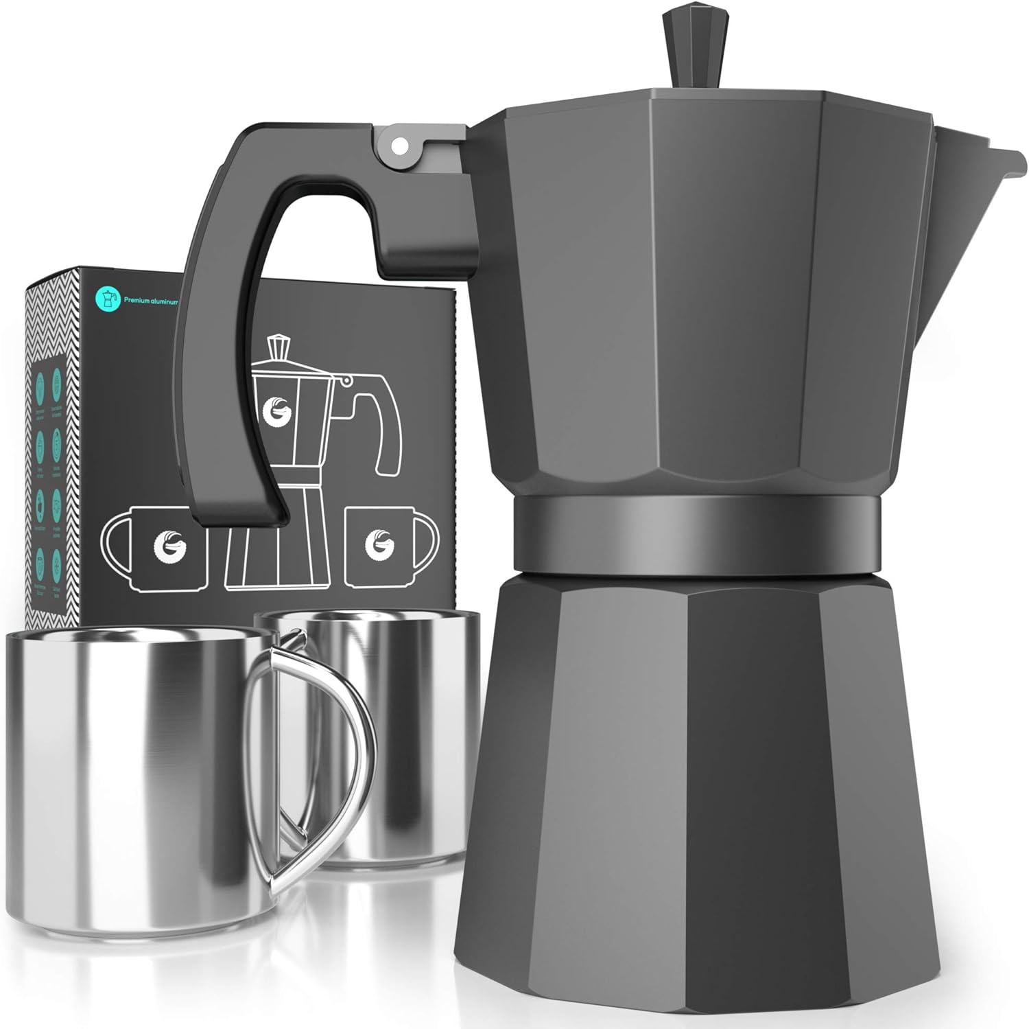 Coffee Gator Moka Pot - 6 Cup, Stovetop Espresso Maker - Classic Italian and Cuban Coffee Percolator w/ 2 Stainless-Steel Cups  Matte Grey Aluminum