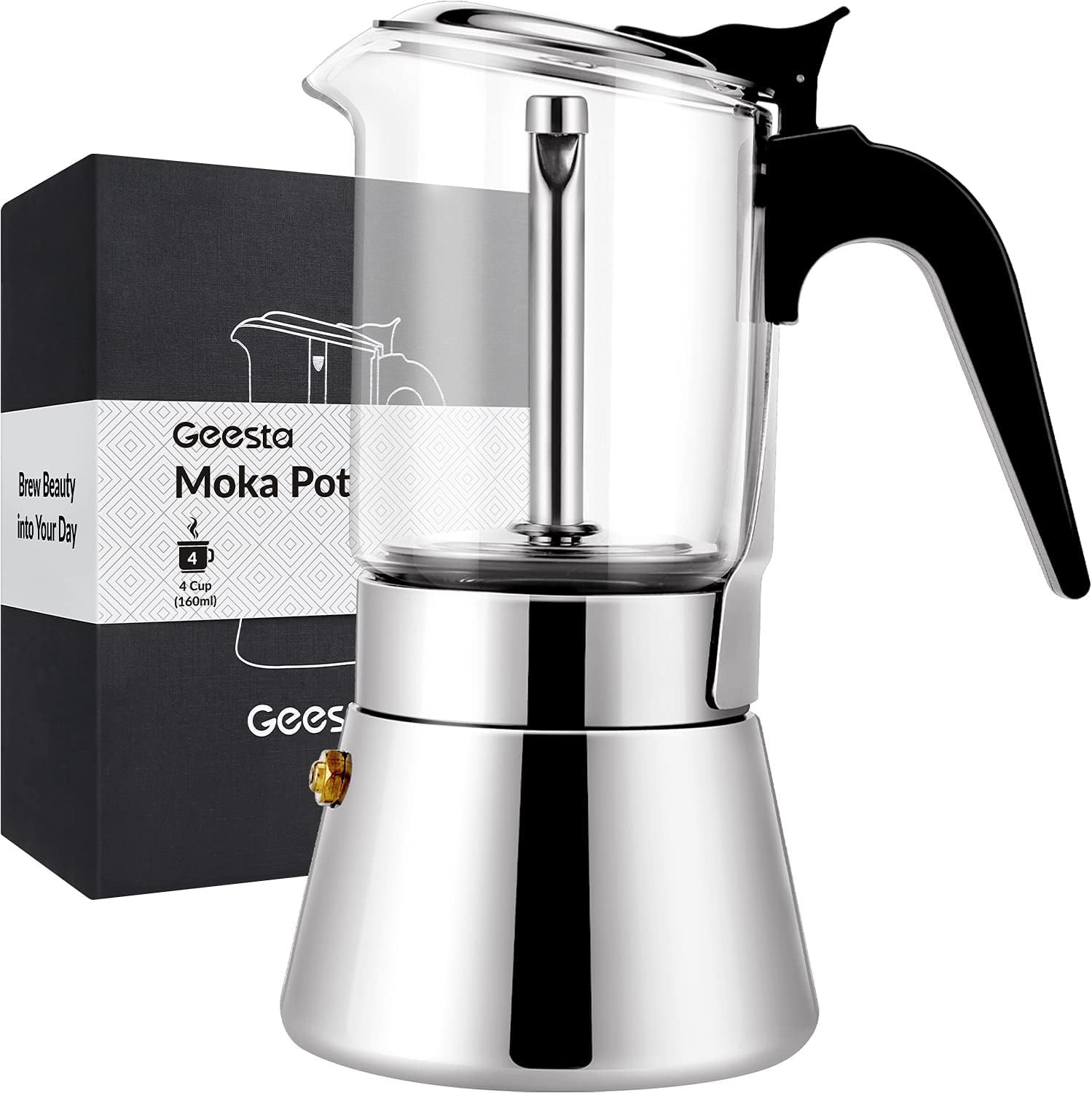 GEESTA Premium Crystal Glass-Top Stovetop Espresso Moka Pot - 4 / 6/ 9 Cups - Stainless Steel Coffee Maker- 160ml/5.6oz/4 cup (esHimpresso cup=40ml)- Valentines Day Gifts