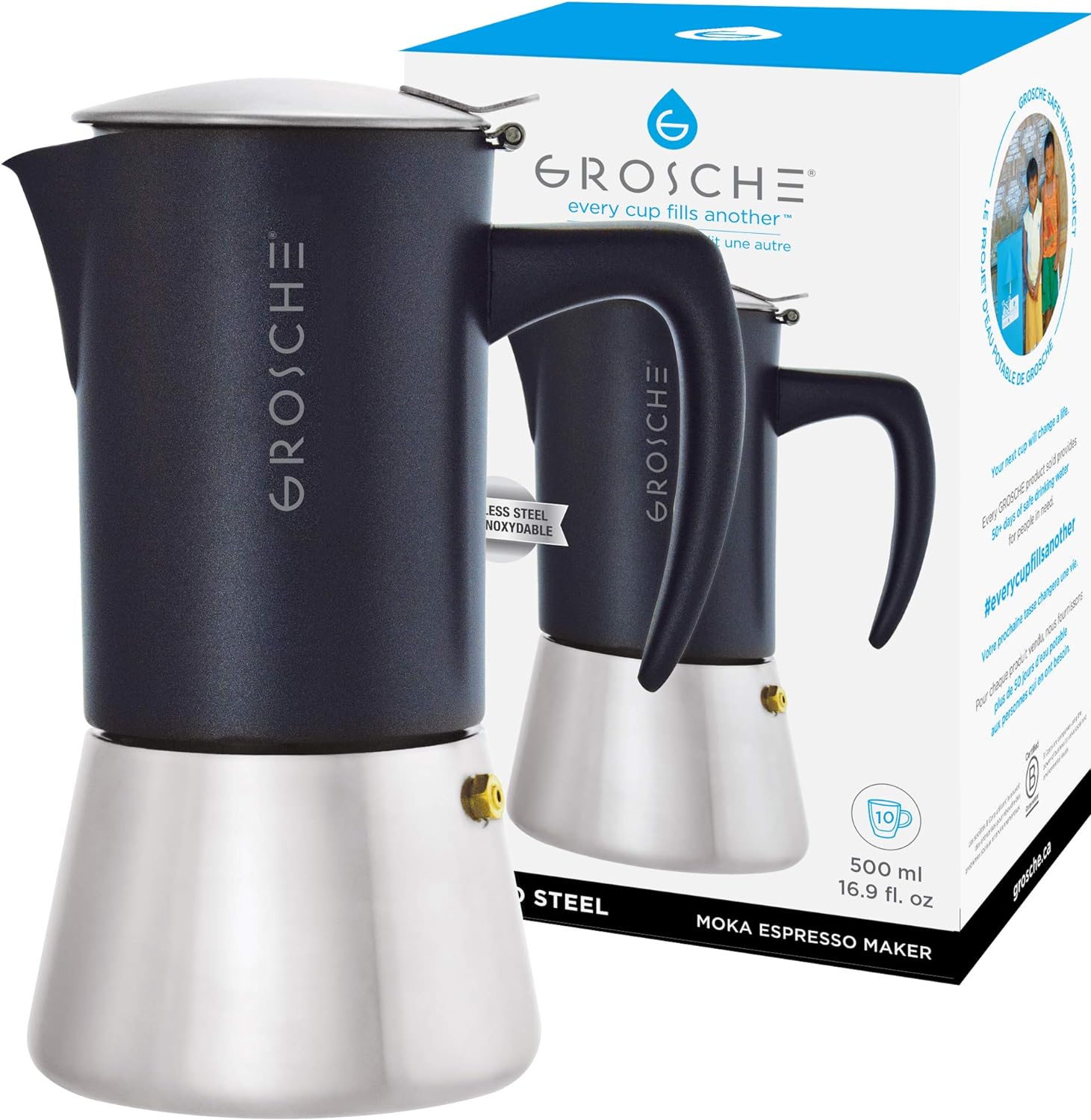 GROSCHE Milano Steel | 10 Espresso Cup | Stovetop Espresso Maker: Stainless Steel Moka Pot for Greca, Induction, Electric & Gas Stoves | Dishwasher Safe Stovetop Espresso Maker Moka Pot