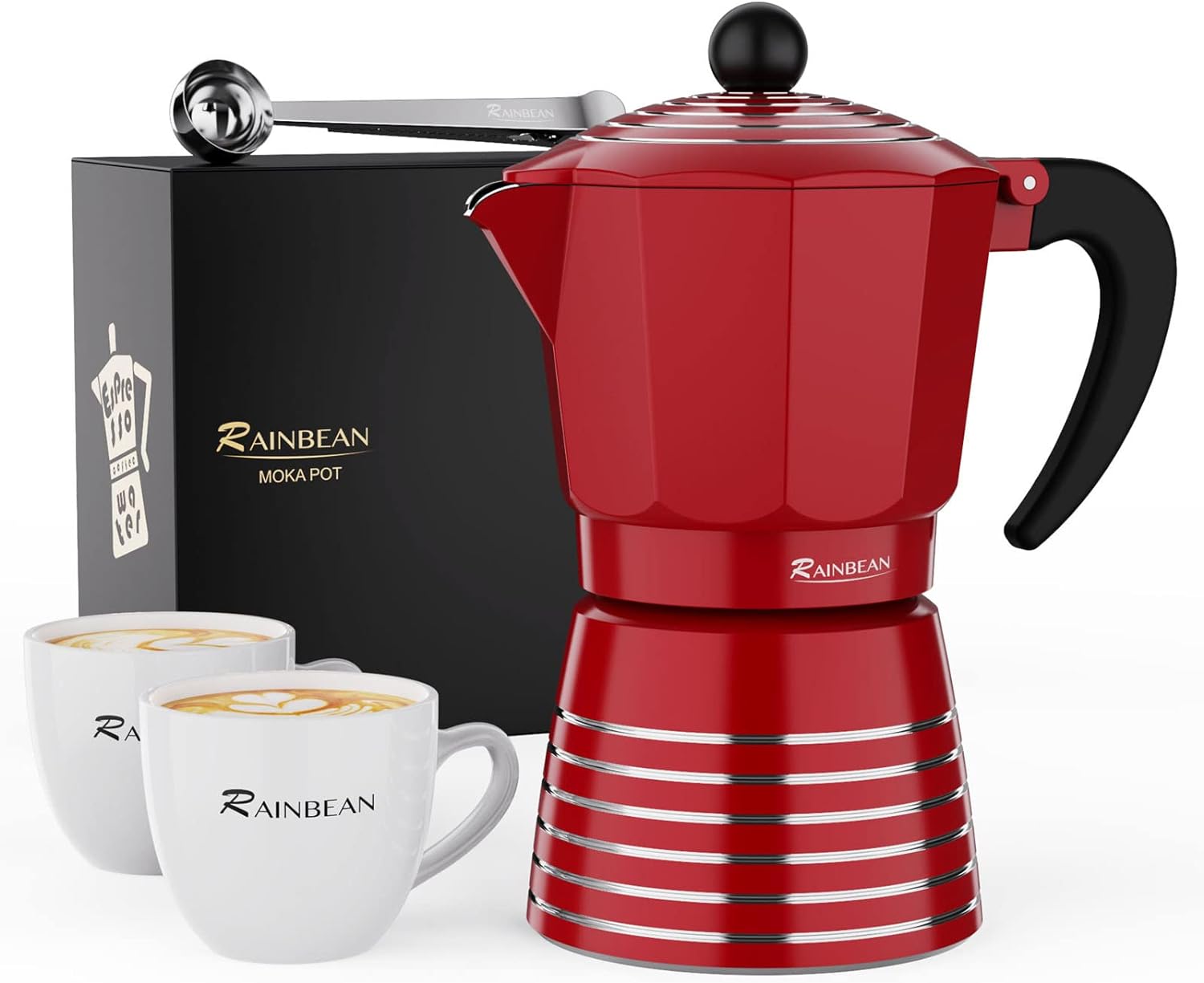 RAINBEAN Moka Pot 6 Cup Set, 11 oz / 300ml Stovetop Espresso Maker, Italian Cuban Greca Coffee, Aluminum Ripple Ring Design - Easy To Use & Clean (Red, Perfect Gifts for Coffee Lovers)