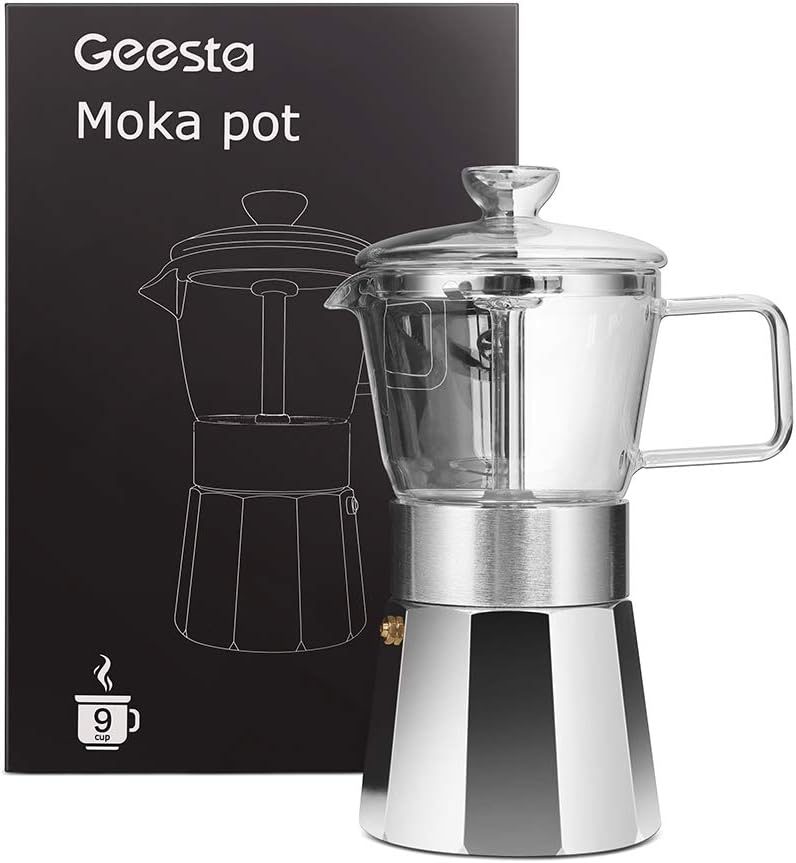 Geesta Premium Crystal Glass-Top Stovetop Espresso Moka Pot - 9 cup - Coffee Maker, 360ml/12.7oz/9 cup (espresso cup=40ml) Gift Idea for Husband Wife