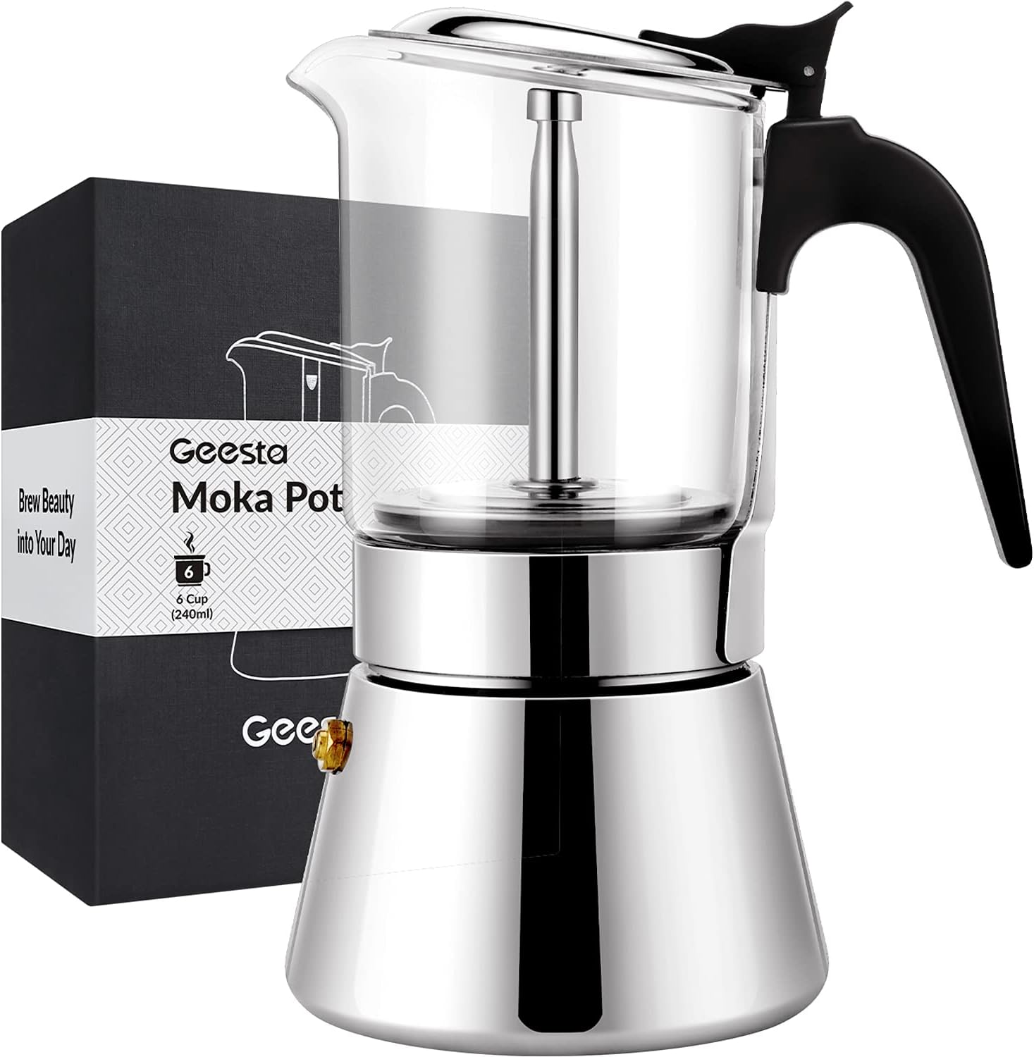 GEESTA Premium Crystal Glass-Top Stovetop Espresso Moka Pot - 4 / 6/ 9 Cups Stainless Steel Coffee Maker- 240ml/8.5oz/6 cup (espresso cup=40ml)