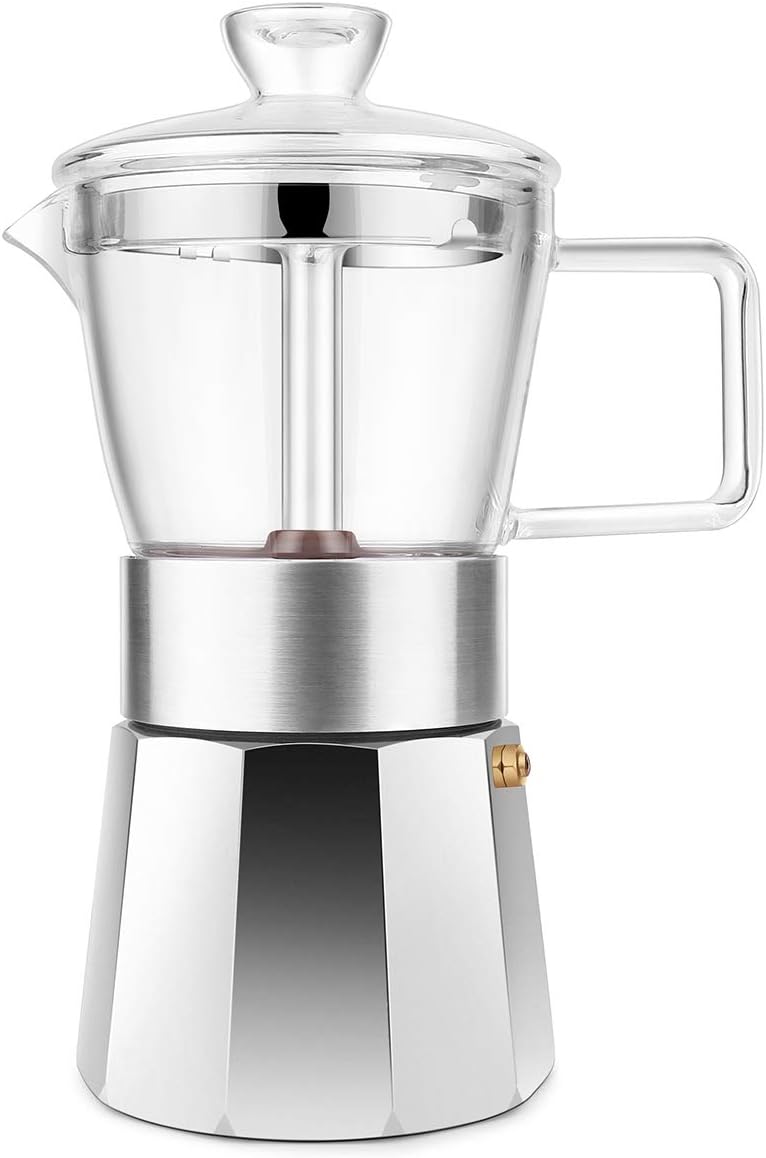 Geesta Moka Pot Premium Crystal Glass-Top Stovetop Espresso Moka Pot - 6 cup - Coffee Maker, 240ml/8.5oz/6 cup (espresso cup=40ml) Coffee Lover Gifts Ideas