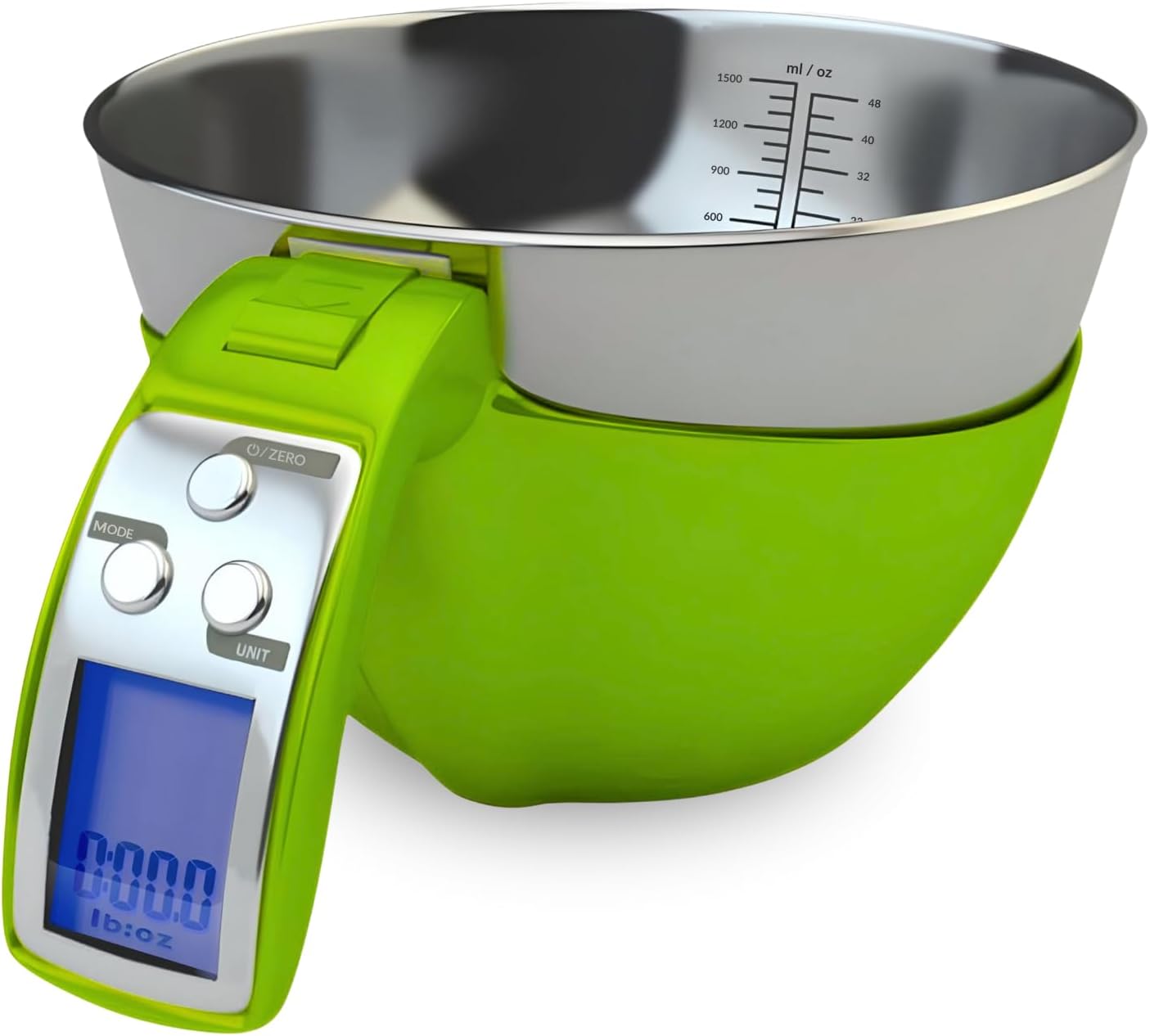 Digital Kitchen Food Scale with Bowl (Removable) and Measuring Cup - Stainless Steel, Backlight, 11lbs Capacity - Cooking, Baking, Gym, Diet - Precise Measuring (Green)