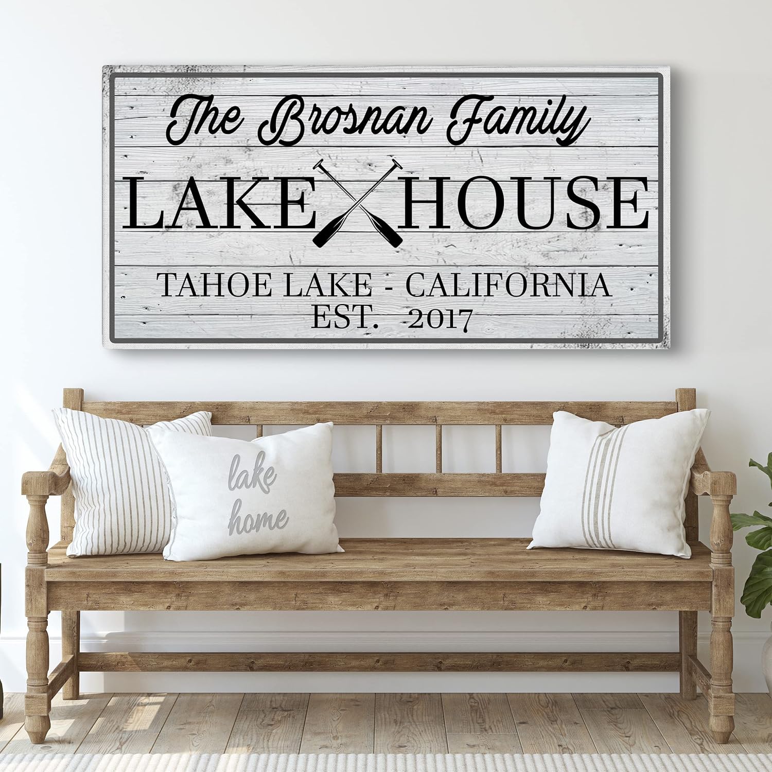 TAILORED CANVASES Custom Lake House Sign - Large Rustic Print Decor Ready-To-Hang Canvas Wall Art for Home, Living Room, Bedroom, Kitchen and Entryway - Family Lake House Paddle - White Wood, 20x10in