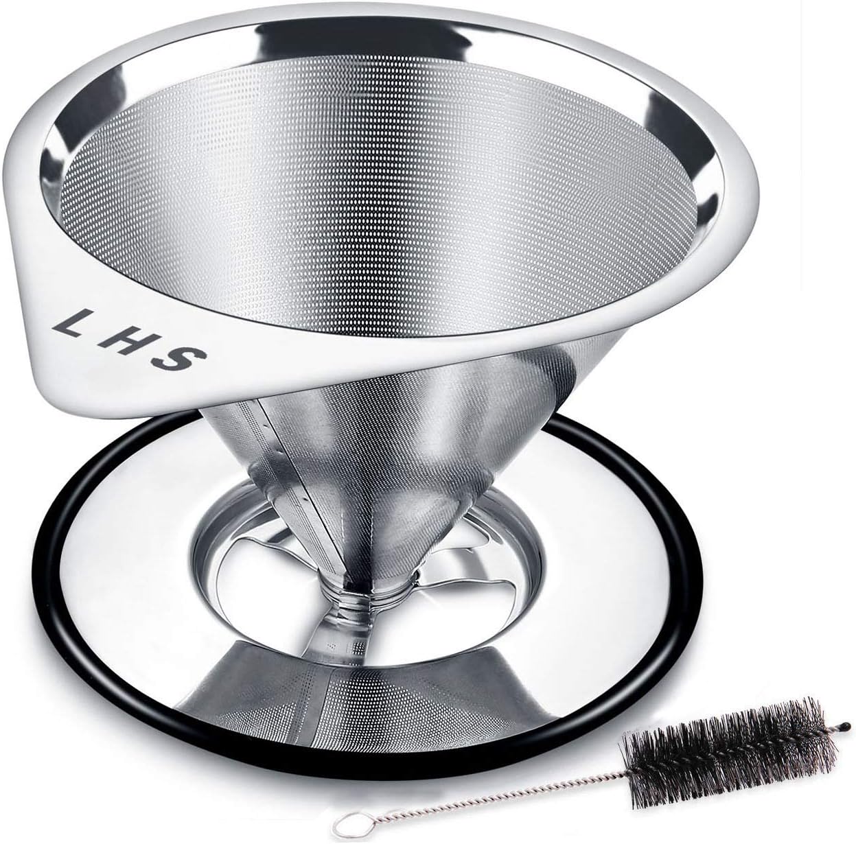 LHS Pour Over Coffee Dripper Stainless Steel Coffee Filter Metal Cone Filter Paperless Reusable Coffee Filter Single Cup Coffee Maker 1-4 Cup With Non-slip Cup Stand and Cleaning Brush