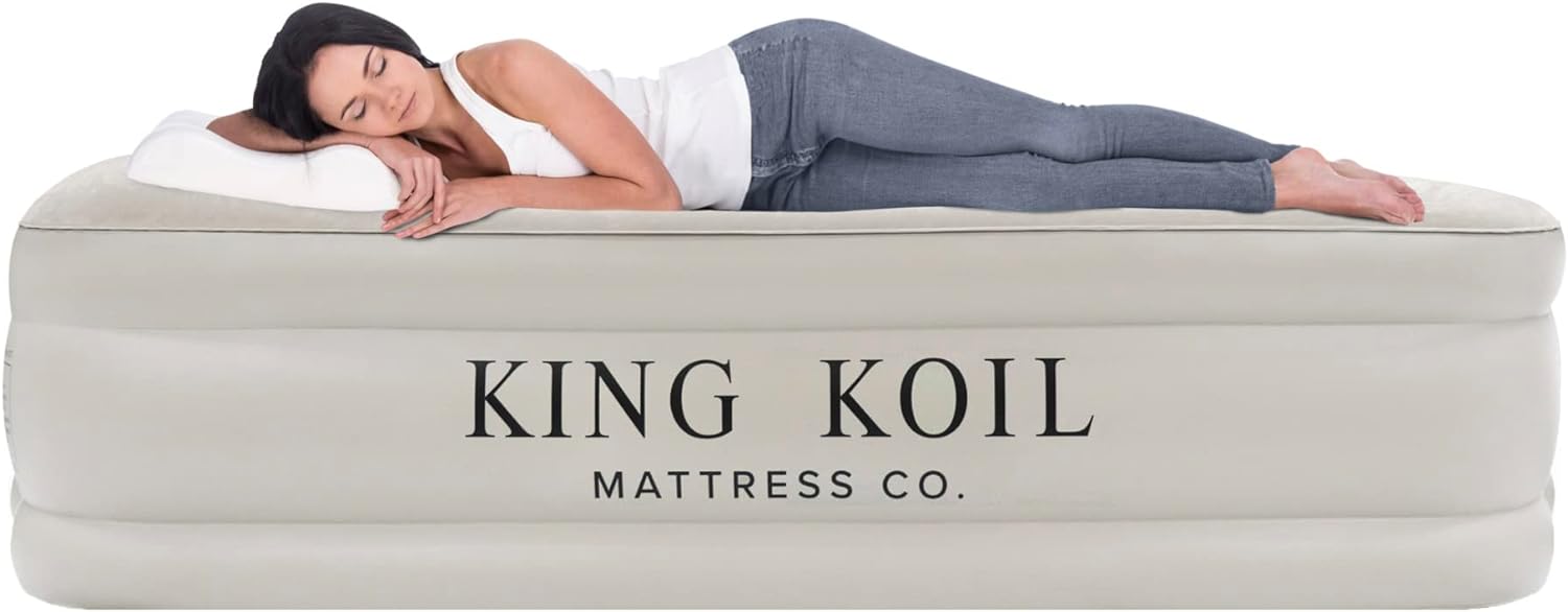 King Koil Luxury California King Air Mattress with Built-in Pump for Home, Camping & Guests - 16 King Size Inflatable Airbed Luxury Double High Adjustable Blow Up Mattress, Durable Waterproof.