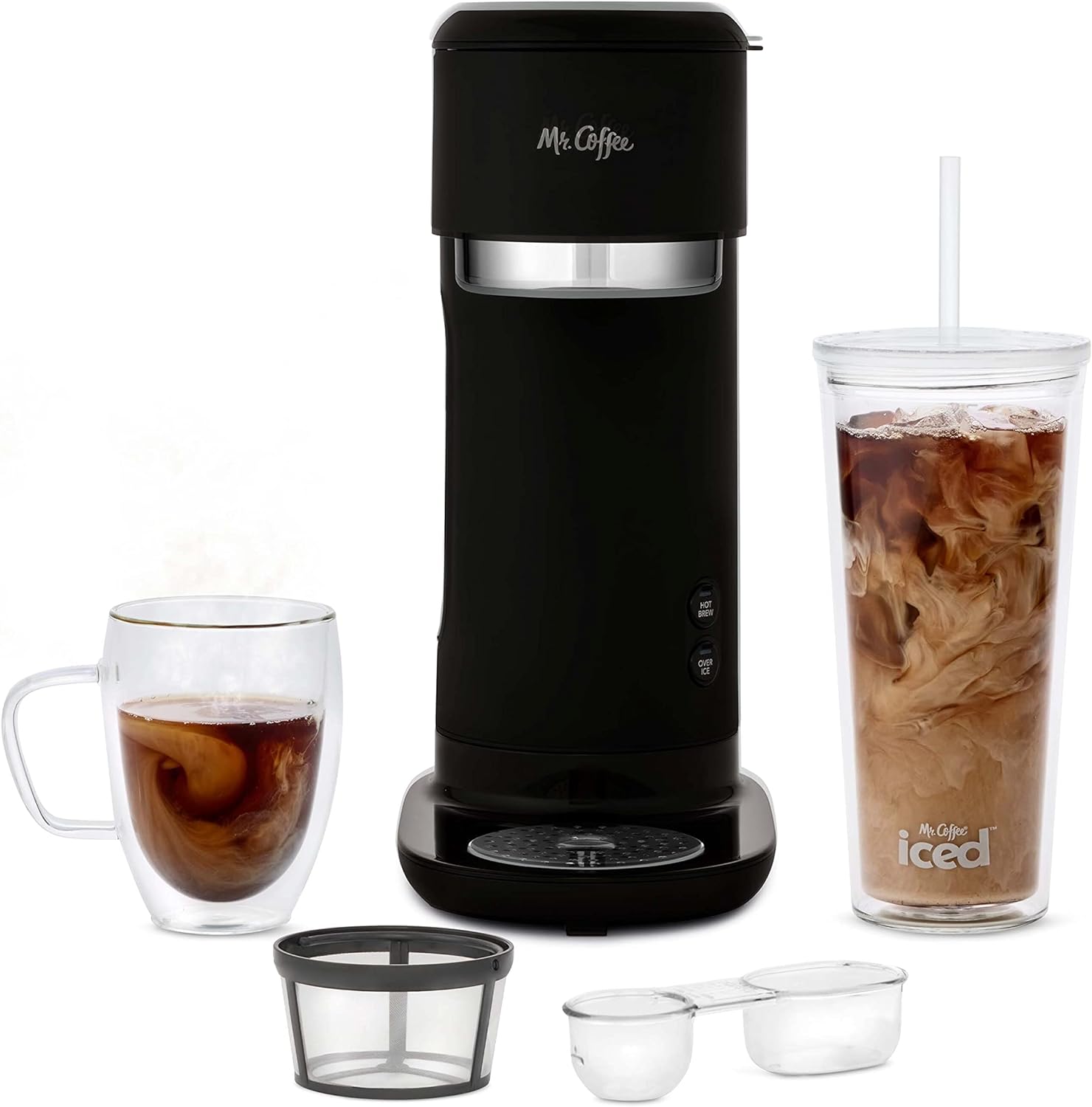 Mr. Coffee Iced and Hot Coffee Maker, Single Serve Machine with 22-Ounce Tumbler and Reusable Coffee Filer, Black