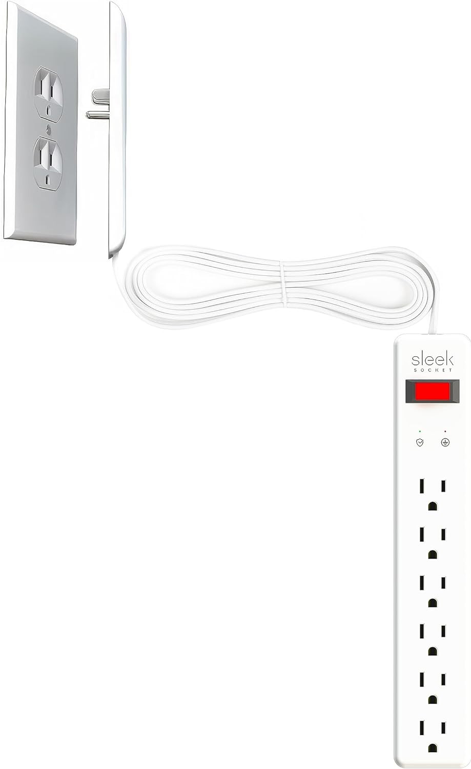 Sleek Socket - Original & Patented Ultra-Thin Outlet Concealer w/ 6 Outlet Surge Protector, Cord Concealer Kit, 6-Foot Cord, Max. Protection: 40,000 Amps, 1080 Joules (for Home Office & Home Theater)