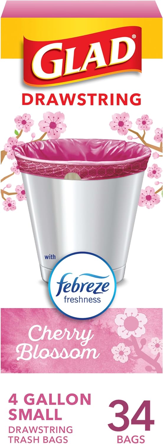 Glad OdorShield Small Drawstring Trash Bags, 4 Gallon Trash Bag, Febreze Cherry Blossom, 34 Count (Package May Vary)