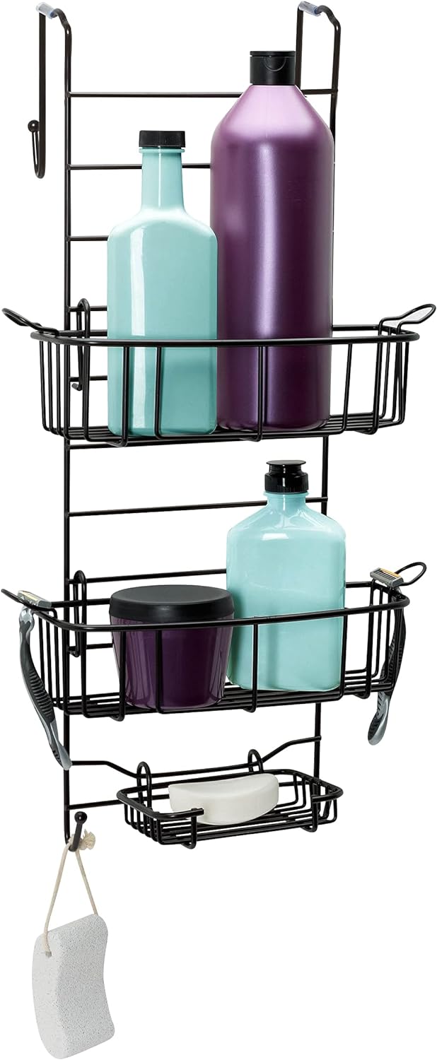 Zenna Home Hanging Shower Caddy, Over the Door, Rust Resistant, with 2 Storage Baskets, Soap Dish, Razor Holders and Hooks, Bathroom or Kitchen Shelf Organizer, No Drilling, Heritage Bronze