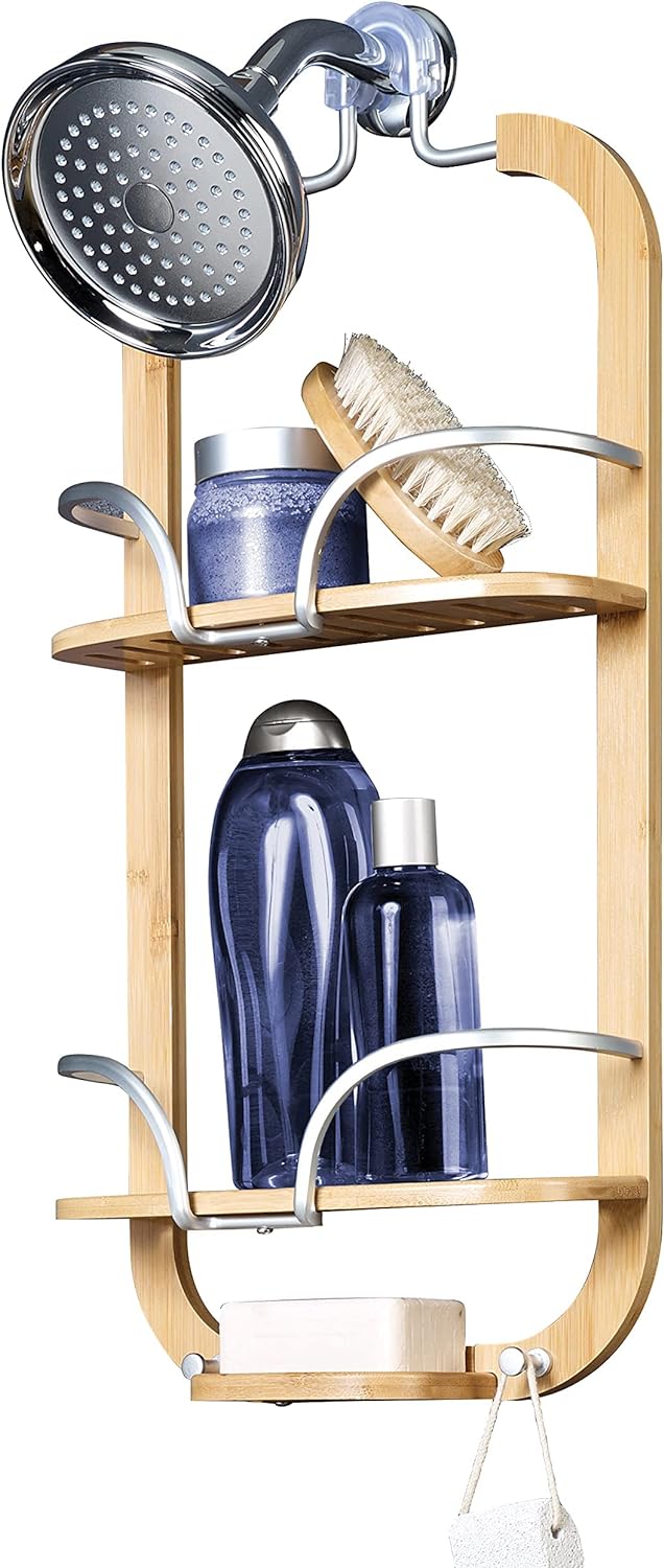 Zenna Home NeverRust Aluminum and Bamboo Hanging Over-the-Shower Caddy, Satin Chrome, 2-Shelf