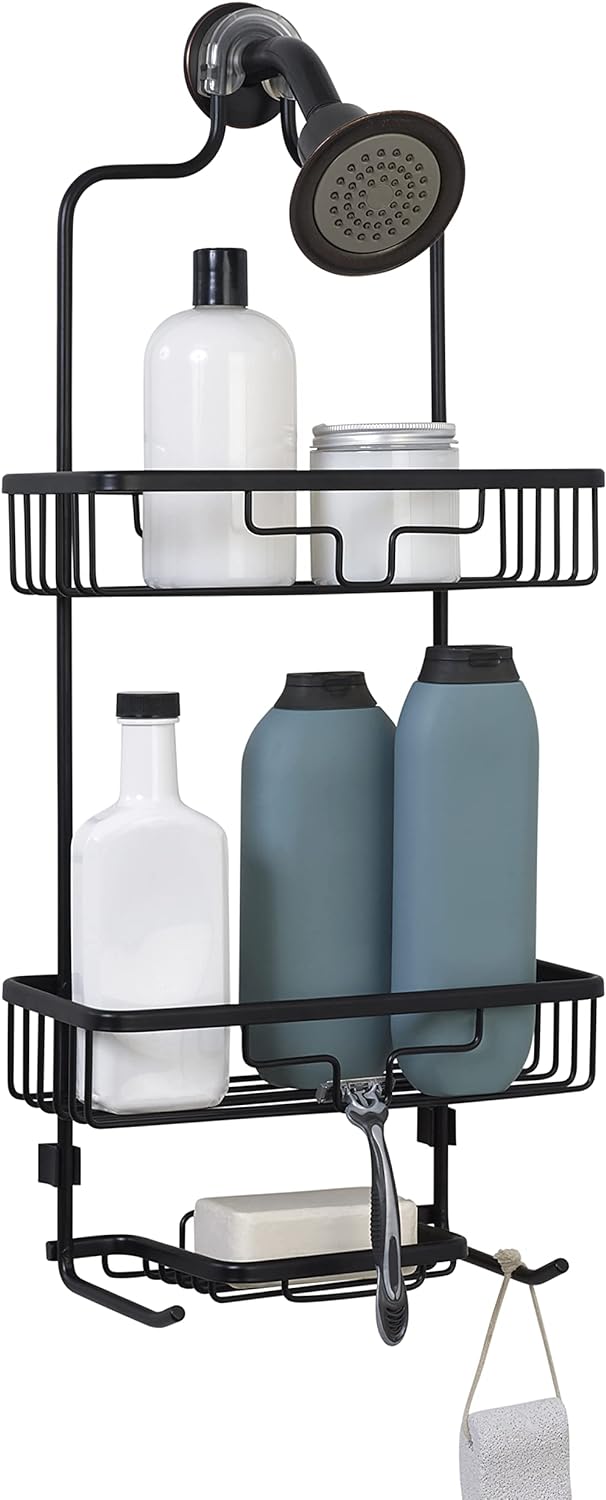 Zenna Home Hanging Shower Caddy, Over the Shower Head Bathroom Storage, Rustproof, No Drilling, Bath Organizer with 2 Shelves, Soap Tray, Razor Holders and Hooks, Black