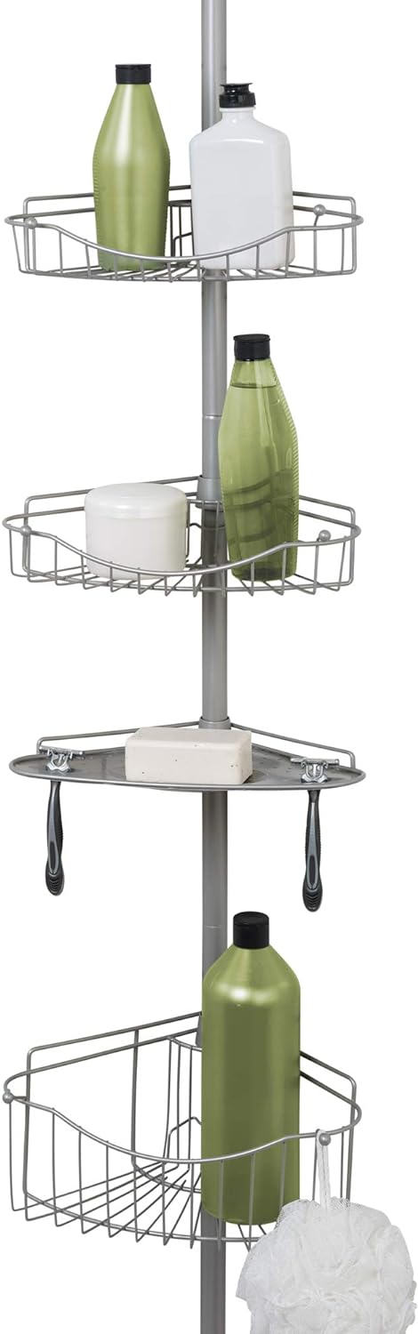 Zenna Home Tension Pole Shower Caddy, 3 Basket Shelves with Soap Tray, Adjustable, 60 to 97 Inch, Satin Nickel