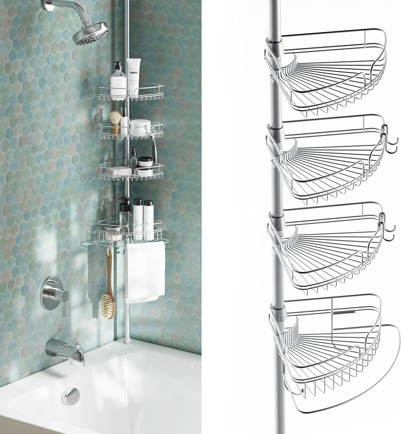 Zenna Home Rust-Resistant Corner Shower Caddy for Bathroom, 4 Adjustable Shelves with Towel Bar and Hooks, with Tension Pole, for Bath and Shower Storage, 60-97 Inch, Chrome