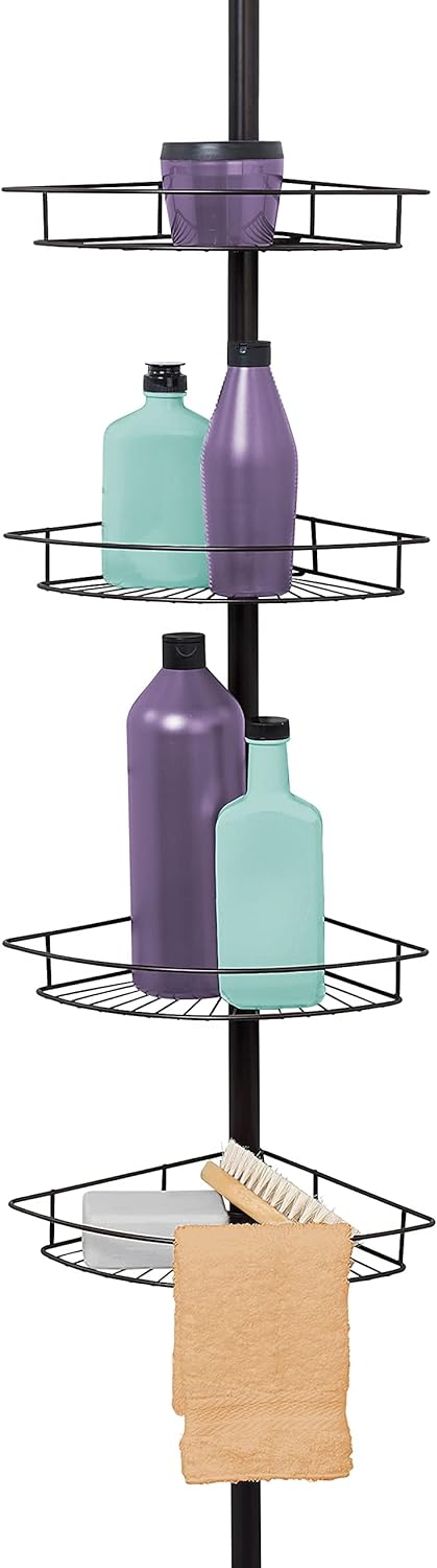 Zenna Home Rust-Resistant Corner Shower Caddy for Bathroom, 4 Adjustable Shelves and Towel Bar, with Tension Pole, for Bath and Shower Storage, 60-97 Inch, Bronze