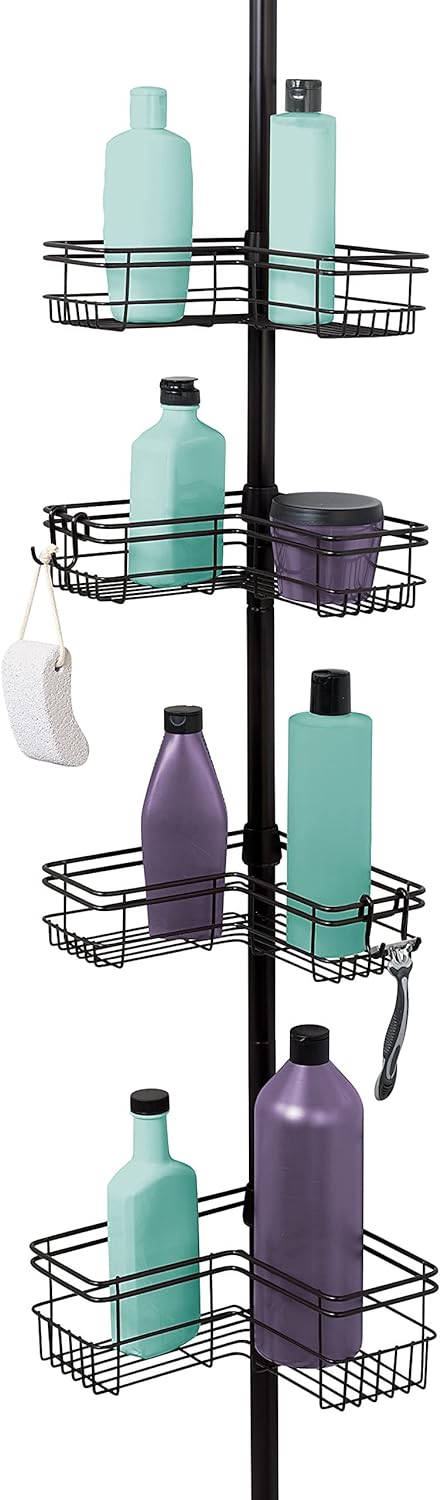 Zenna Home Rust-Resistant Corner Shower Caddy for Bathroom, 4 Adjustable Corner Hugging L-shaped Shelves, with Tension Pole, for Bath and Shower Storage, 60-97 Inch, Bronze