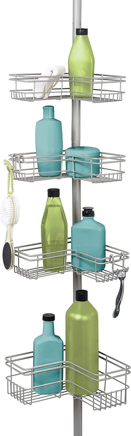 Zenna Home Rust-Resistant Corner Shower Caddy for Bathroom, 4 Adjustable Corner Hugging L-shaped Shelves, with Tension Pole, for Bath and Shower Storage, 60-97 Inch, Satin Nickel