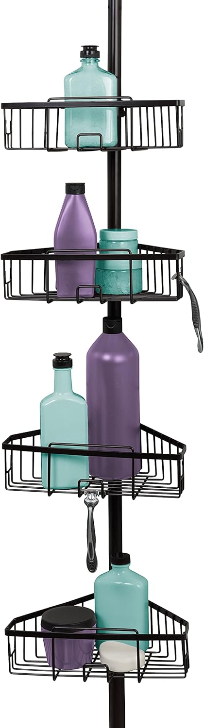 Zenna Home Tension Pole Shower Caddy, 4 Basket Shelves, Adjustable, 60 to 108 Inch, Bronze