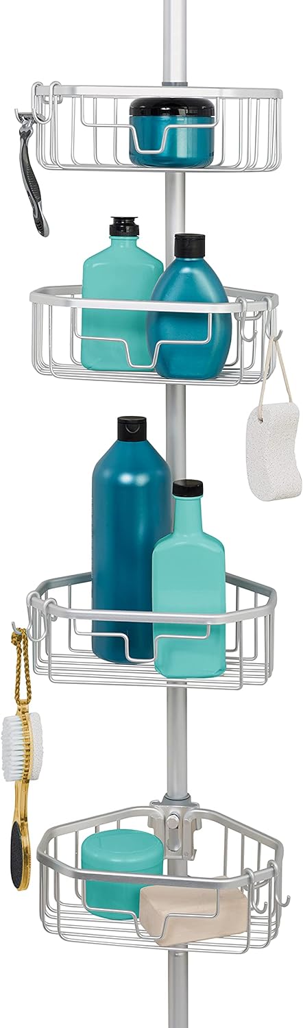 Zenna Home NeverRust Aluminum Tension Pole Shower Caddy, 4 Basket Shelves, Adjustable, 60 to 108 Inch, Satin Chrome