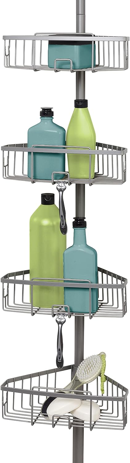 Zenna Home Tension Pole Shower Caddy, 4 Basket Shelves, Adjustable, 60 to 108 Inch, Satin Nickel