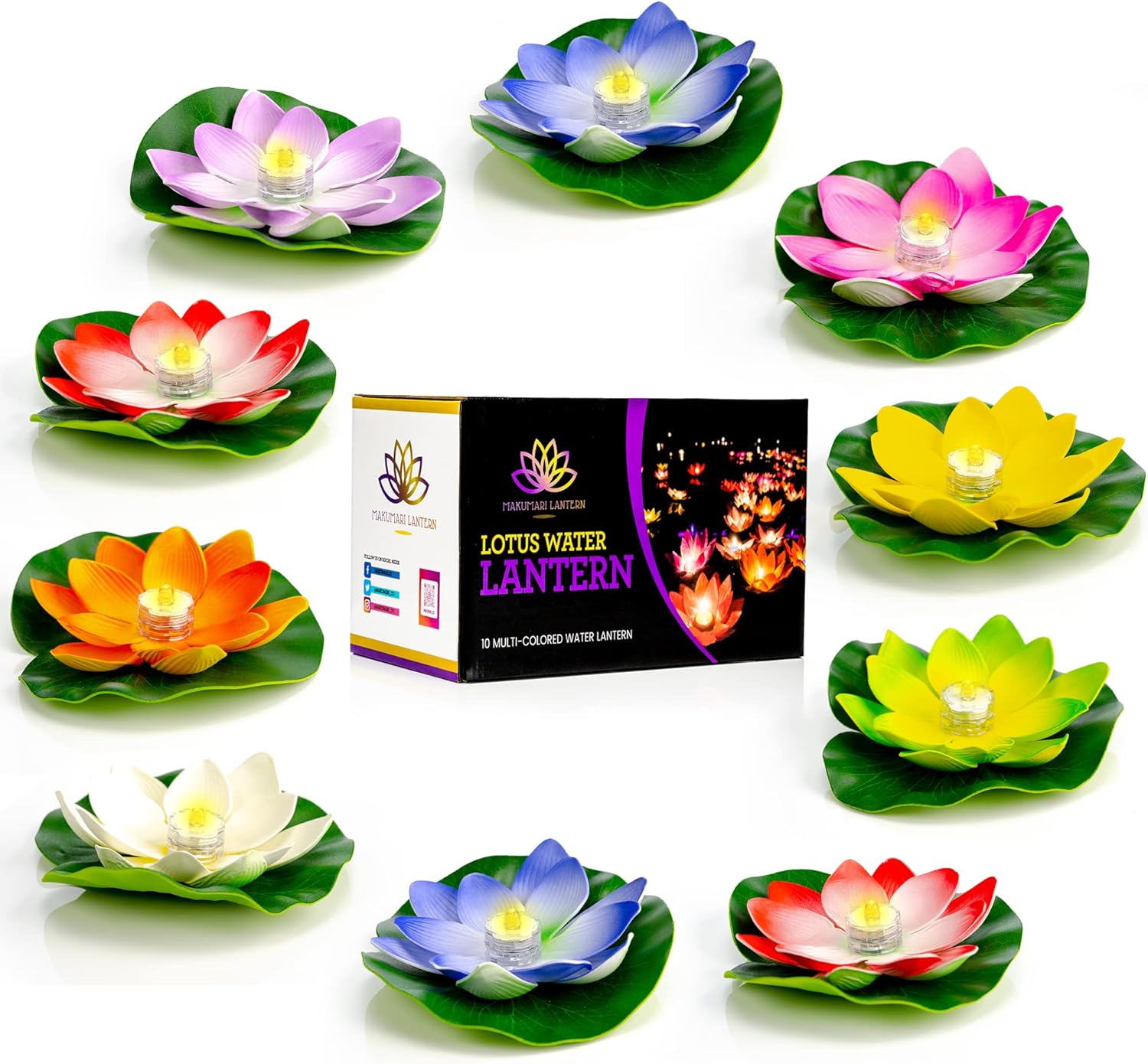 MAKUMARI Lotus Floating Lanterns- Set of 10 Beautiful Large 7 inch Artificial Floating Colorful Lotus with LED Lights for Your Romantic Decorations, Weddings, Memorials or Pool Decor
