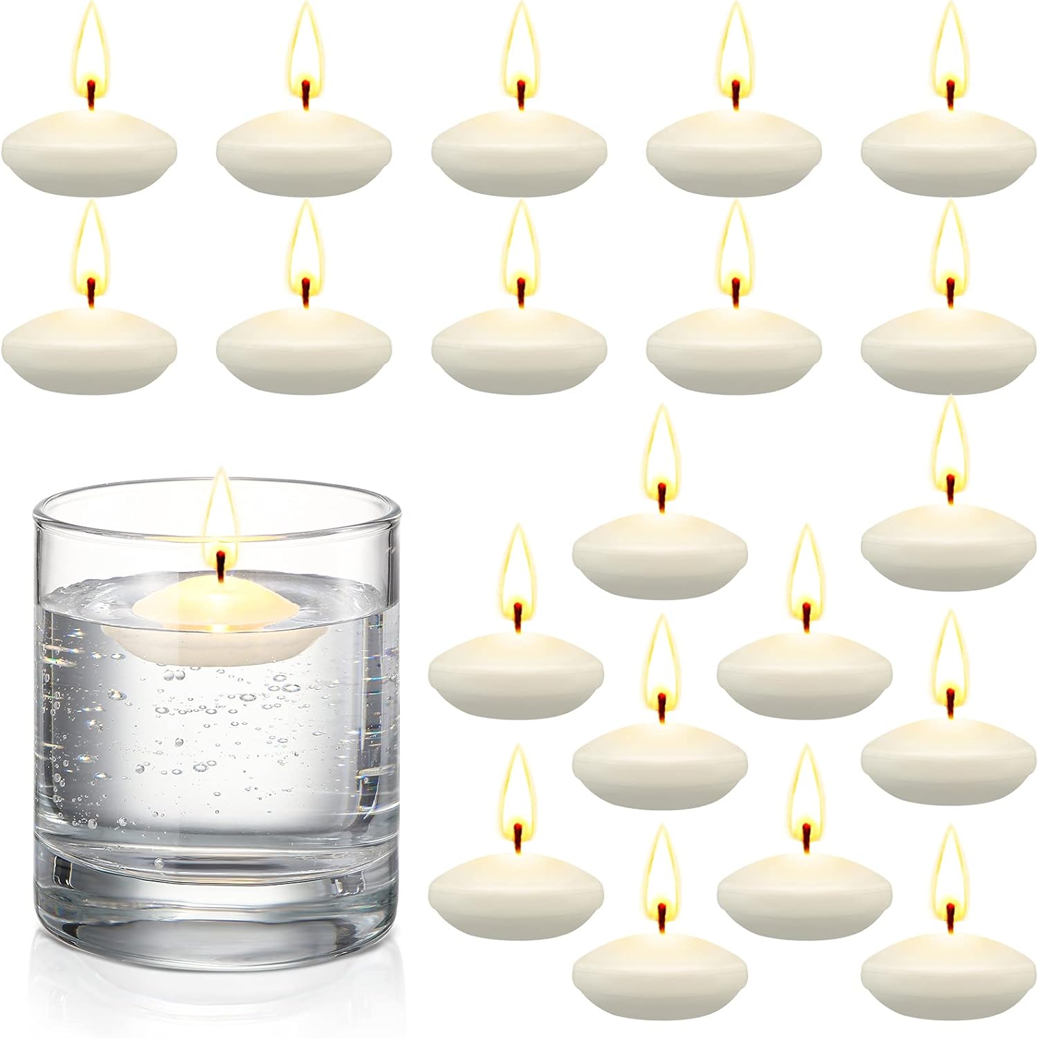 20 Pieces 1.5 Inch Unscented Floating Candles for Centerpieces, Floating Pool Candles Round Burning Candles Decor for Valentine' Day, Wedding Party Swimming Pool Bathtub Dinner Party Favor (White)