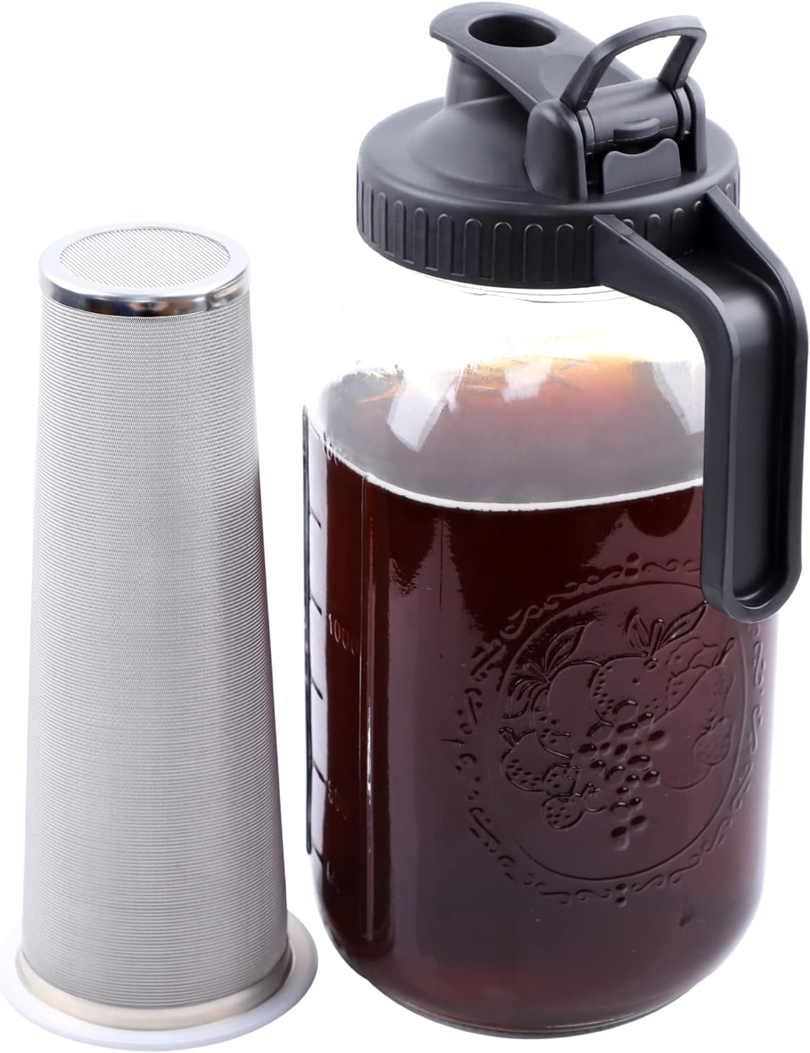 Cold Brew Mason Jar Coffee Maker 64 Oz Wide Mouth Mason Cold Brew Pitcher With Coffee Filter Airtight & Leak-Proof For Coffee, Iced Tea