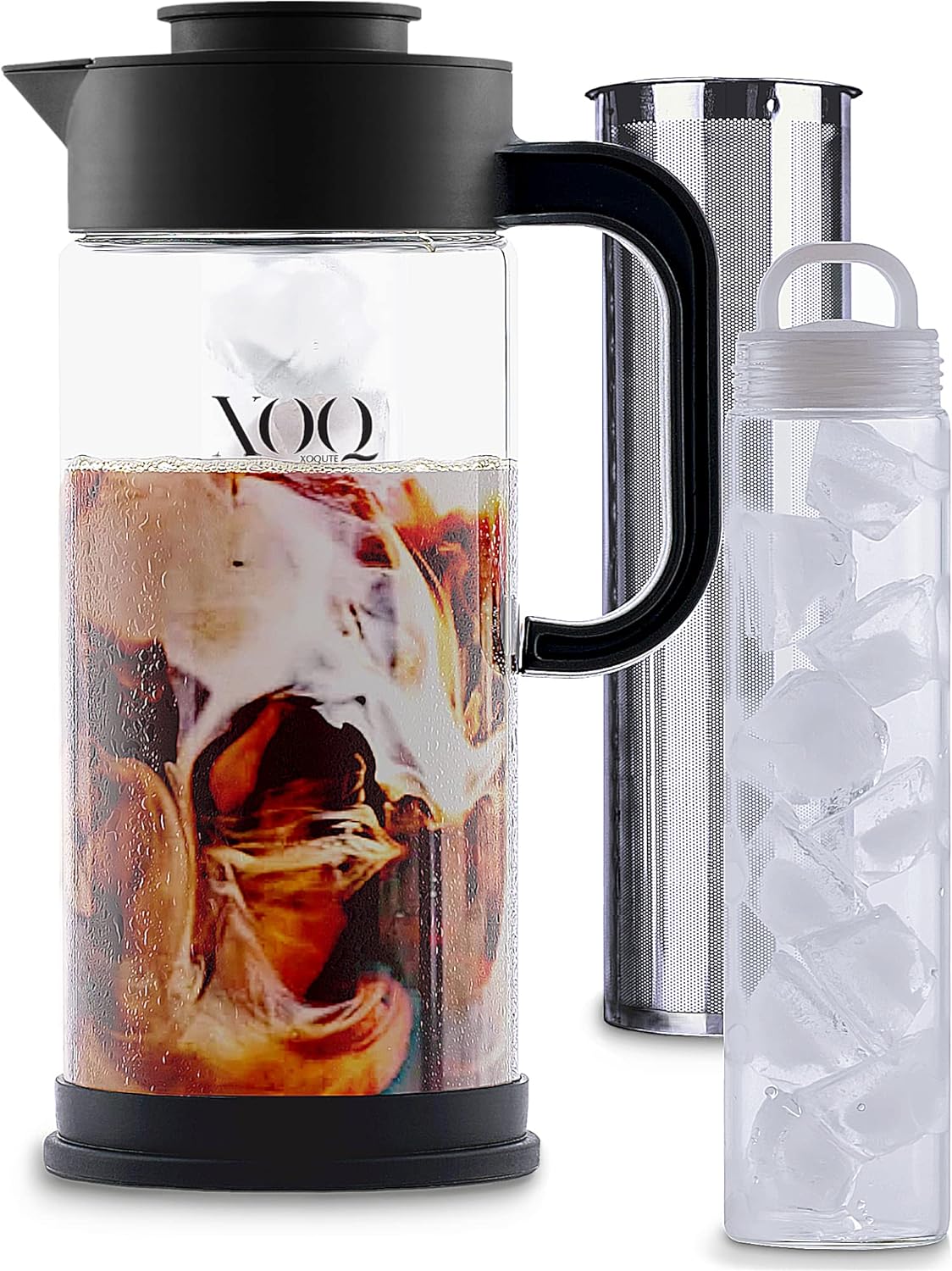 XOQ Cold Brew Coffee Maker   Chiller Kit   50oz/1.5L Glass Cold Brew Maker - Iced Coffee Maker & Ice Tea Maker - Large Iced Coffee Pitcher for Fridge with Removable Stainless Steel Brewer Filter