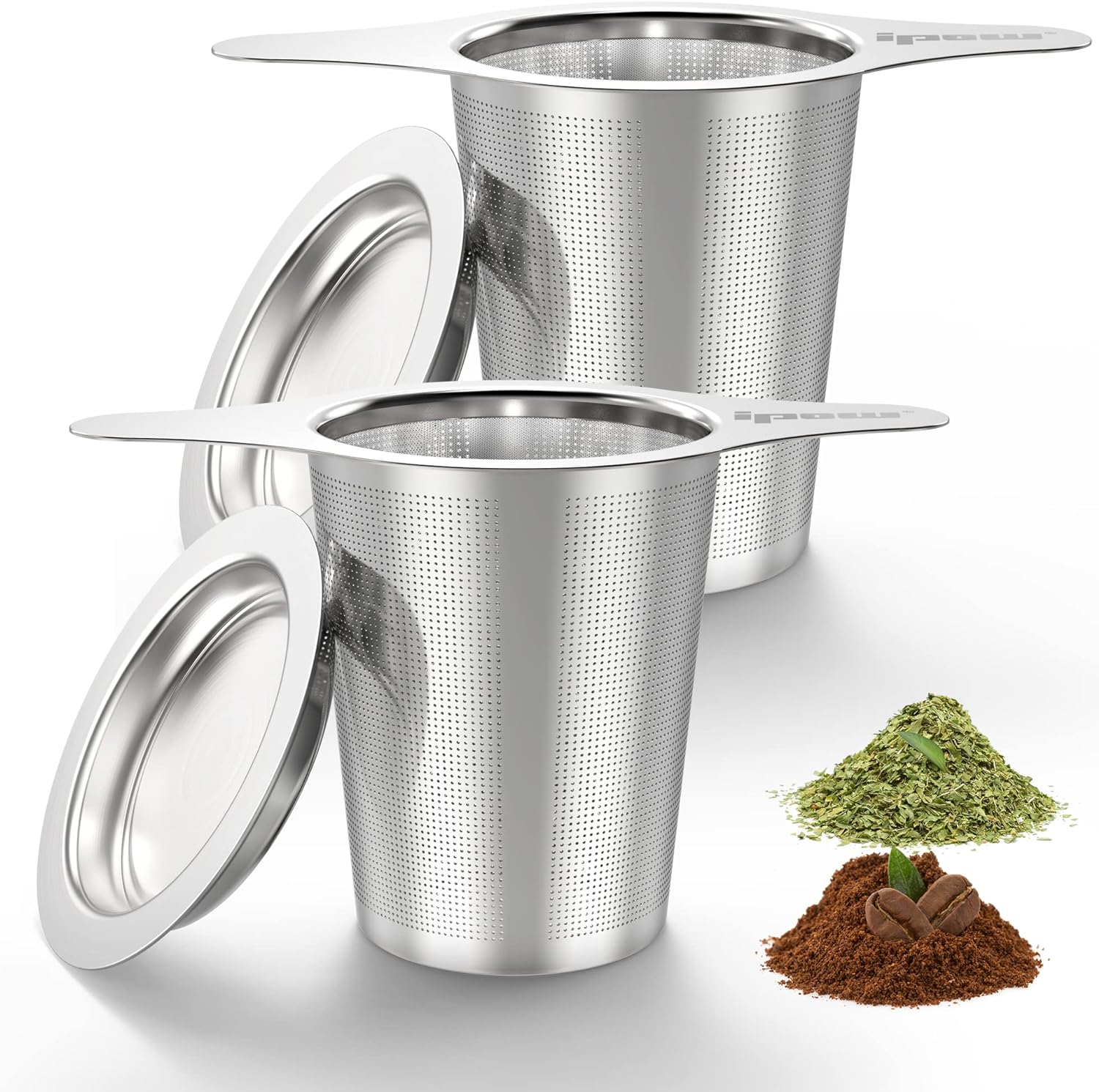 IPOW 2 Pack Extra Fine Mesh Coffee Filter with Coaster Lid and Double-sided Handle, Micron Mesh Tea Infuser for Loose Tea, Food-grade Stainless Steel