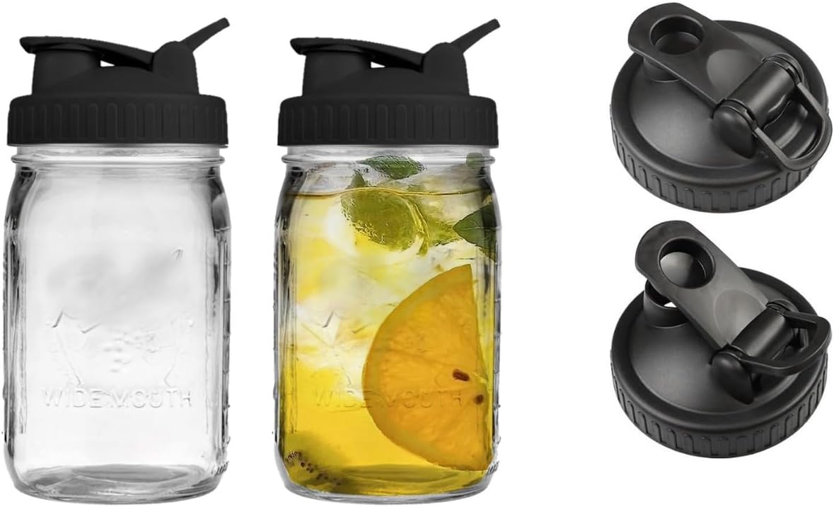 2 Pack Wide Mouth Flip Cap Mason Jar Lids for Mason Jars - Airtight Sealing, Leak-Proof Design, and Convenient Pouring Spout (Jars Sold Separately) (Black)