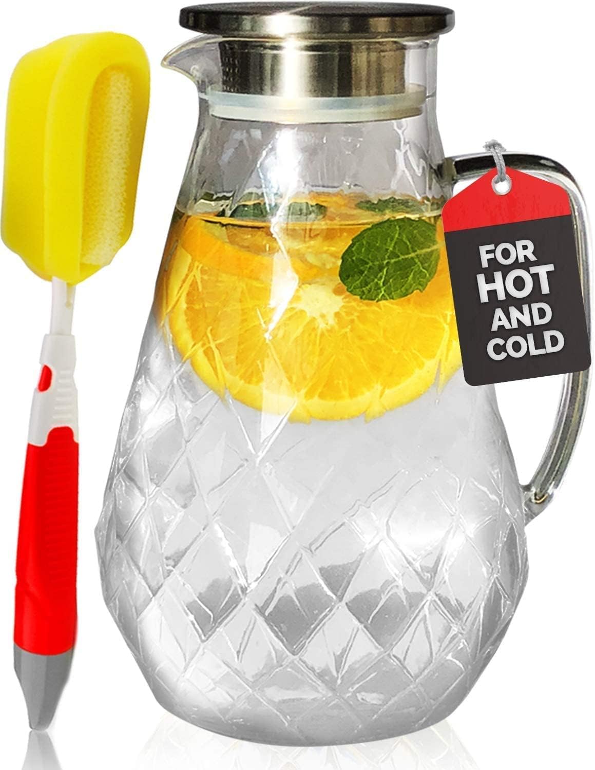 Pykal Diamond Glass Pitcher with Lid - 72 Oz - Heat Resistant Water or Juice Pitchers with Lids - Beverage Carafe for Lemonade, Iced Tea or Sangria - w/Free Brush