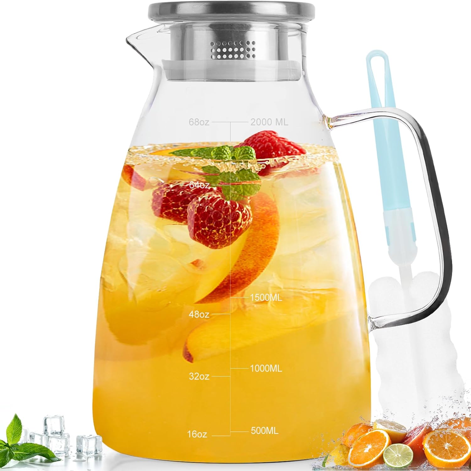 Glass Pitcher; 68oz/2 Liter Water Pitcher With Lid,Iced Tea Pitcher for Drink,Water Carafe With Handle,Heat Resistant Borosilicate Glass Water Jug,Beverage Pitcher,Juice Pitcher