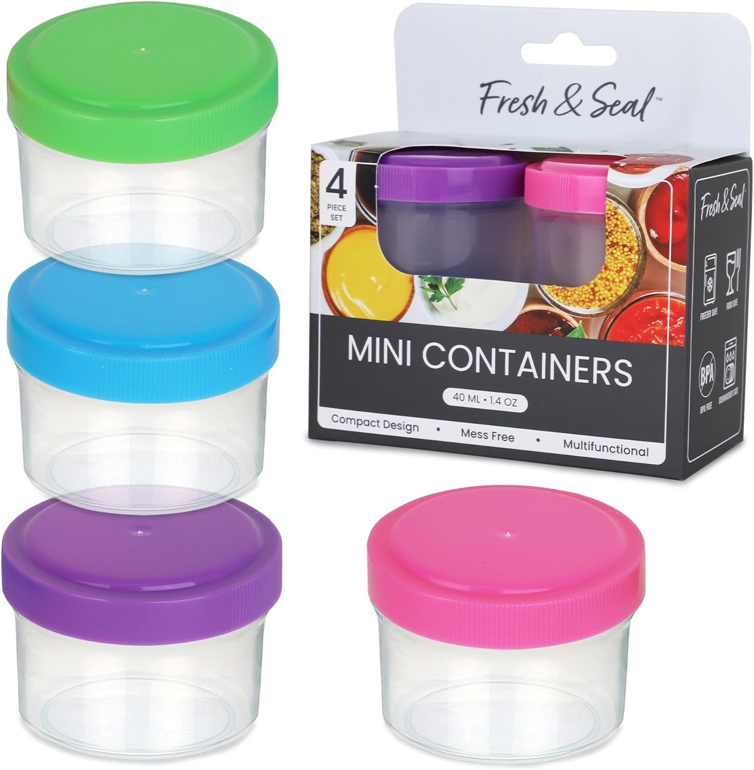 MosJos Condiment Containers with Screw Lids (4-Piece) - Reusable Leakproof Salad Dressing Containers to go - Small Mini Food Storage Cups for Lunch, Dishwasher Friendly, 1.4-Ounce