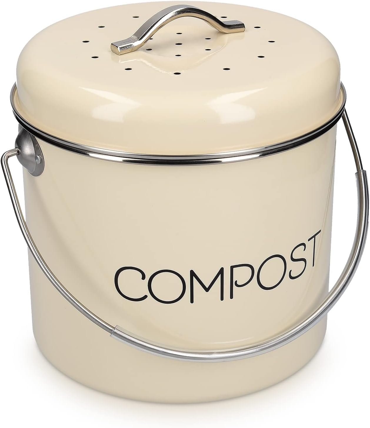 Navaris Compost Bin for Kitchen Counter - 0.8 Gallon (3L) Metal Countertop Indoor Composter Bucket with Charcoal Filters and Lid - Cream, Size Small