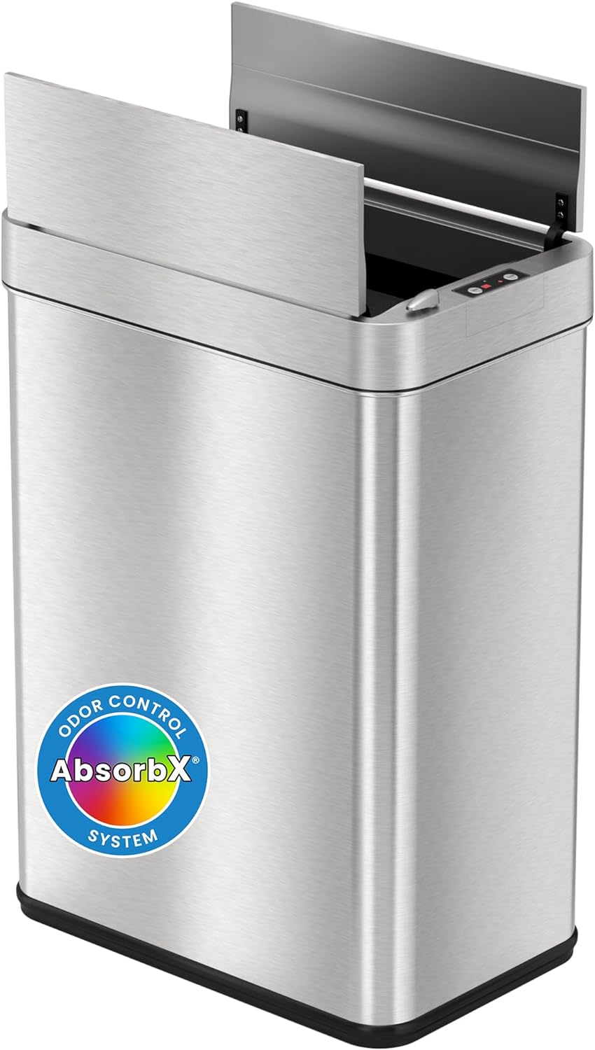 iTouchless 13 Gallon Wings-Open Sensor Trash Can with AbsorbX Odor Filter and Pet-Proof Lid, Stainless Steel, Automatic Touchless Garbage Prevents Dogs & Cats Getting in kitchen-waste-bins