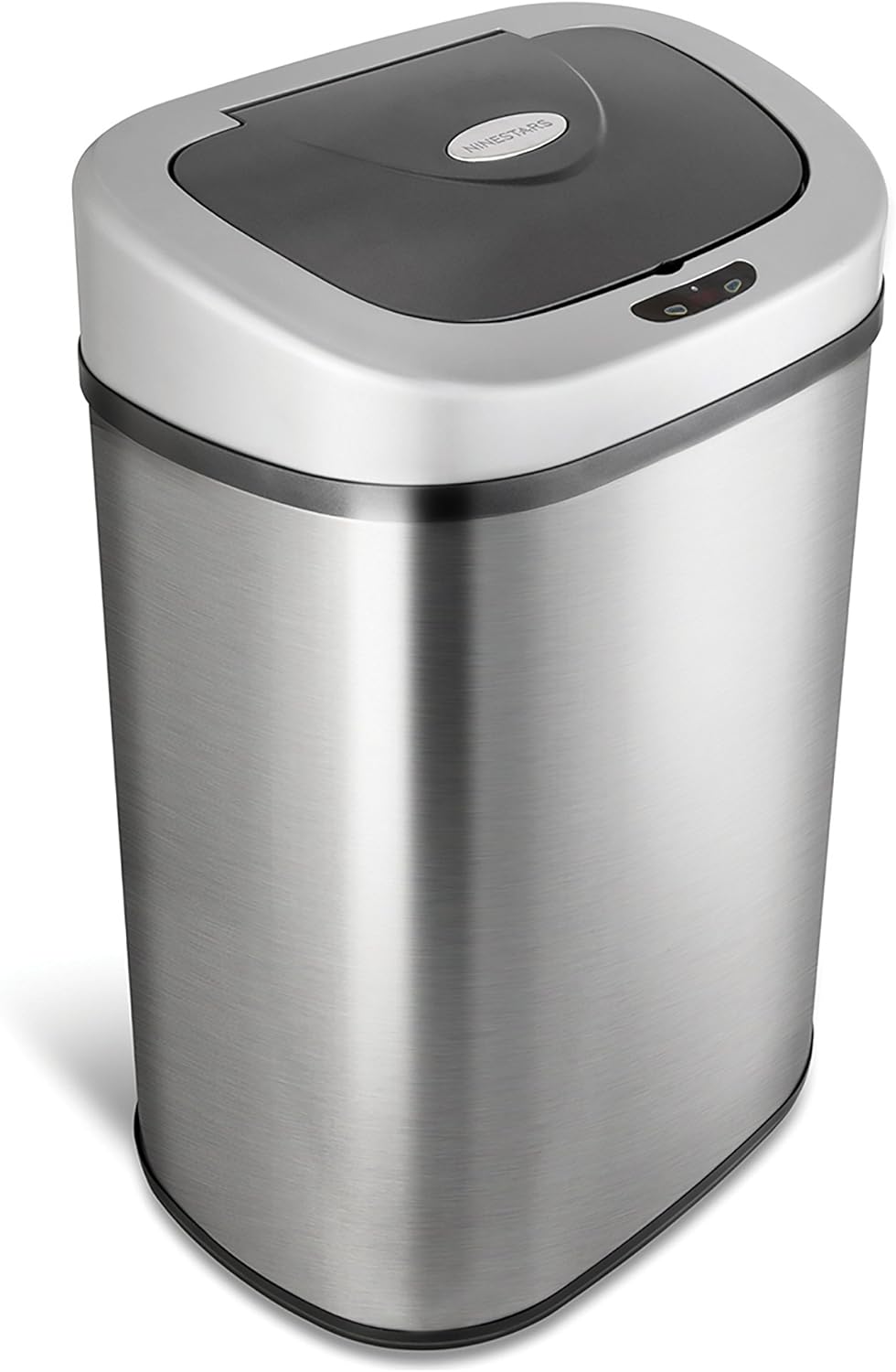 NINESTARS Automatic Touchless Infrared Motion Sensor Trash Can with Stainless Steel Base & Oval, Silver/Black Lid, 21 Gal